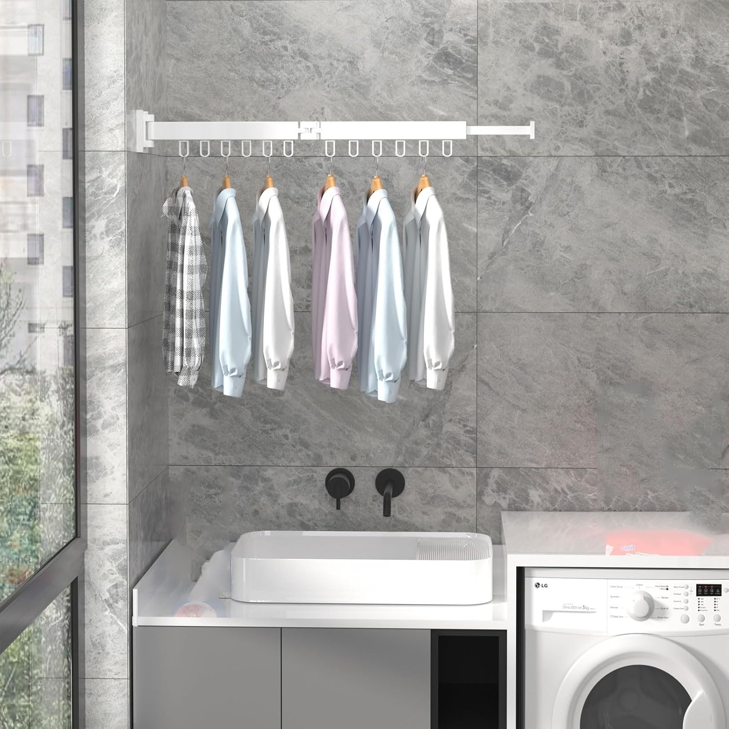 Biała, chowana, montowana na ścianie suszarka do ubrań, podwójnie składana suszarka do ubrań do pralni, suszarka do ubrań z 12 pierścieniami