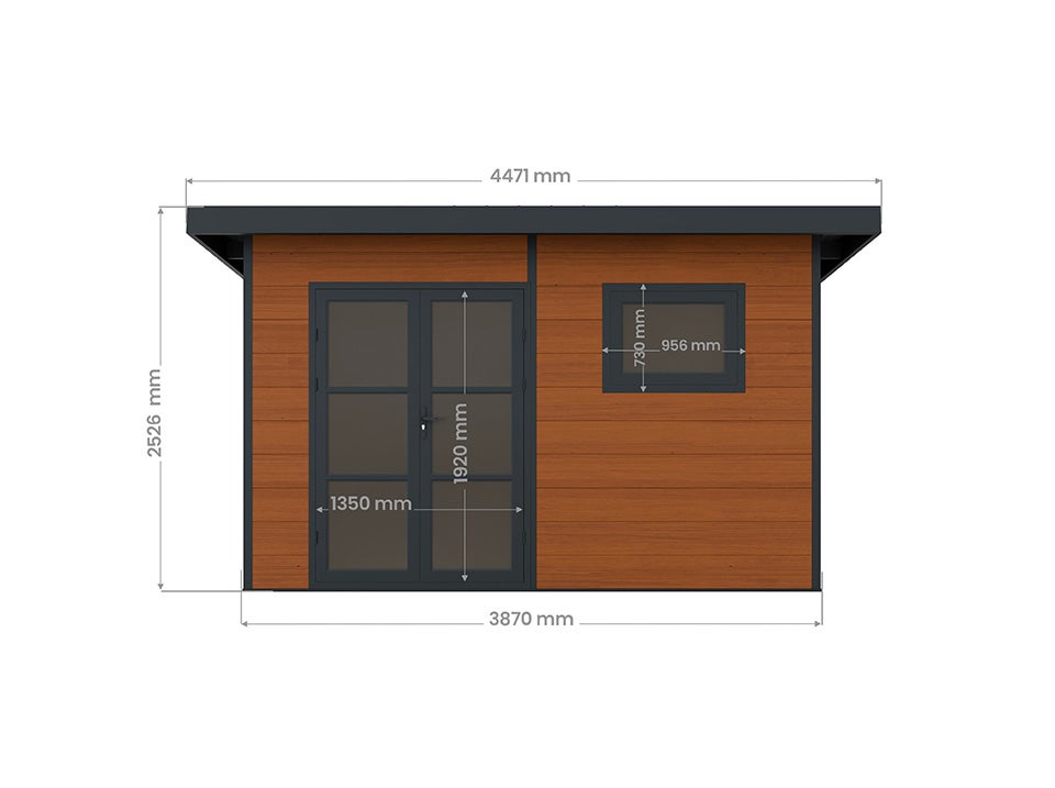 Caseta de madera composite ALMA - 15m² marrón - Grosor de lamas: 28 mm - Caseta de jardín - Rejillas de ventilación - Puerta doble - Canalón - 6