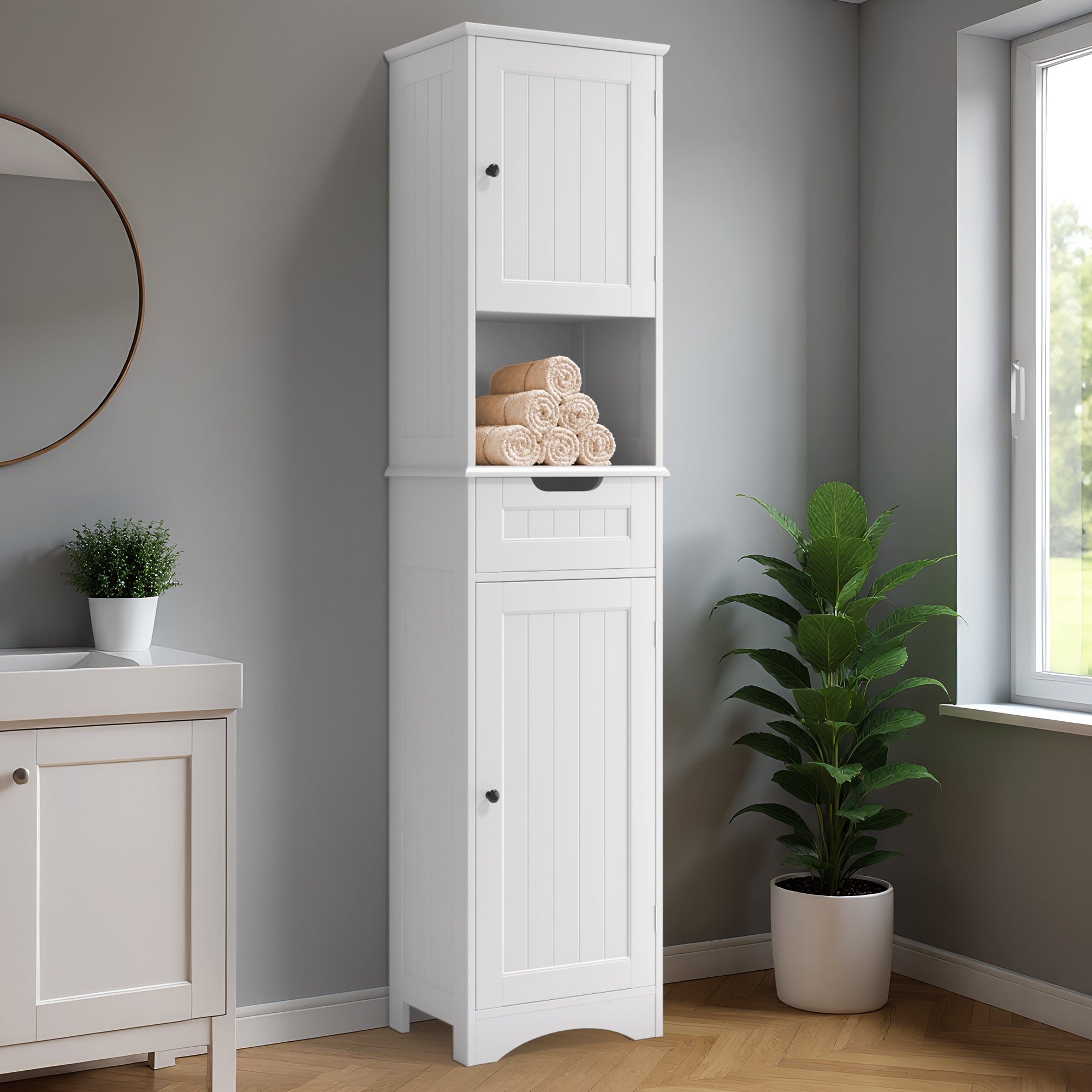 Bealife Mobile Colonna per Bagno con Ripiano con Piedistallo, Armadio Alto a 2 Ante, 1 Cassetto, 1 Ripiano Aperto e Ripiano Regolabile - 2