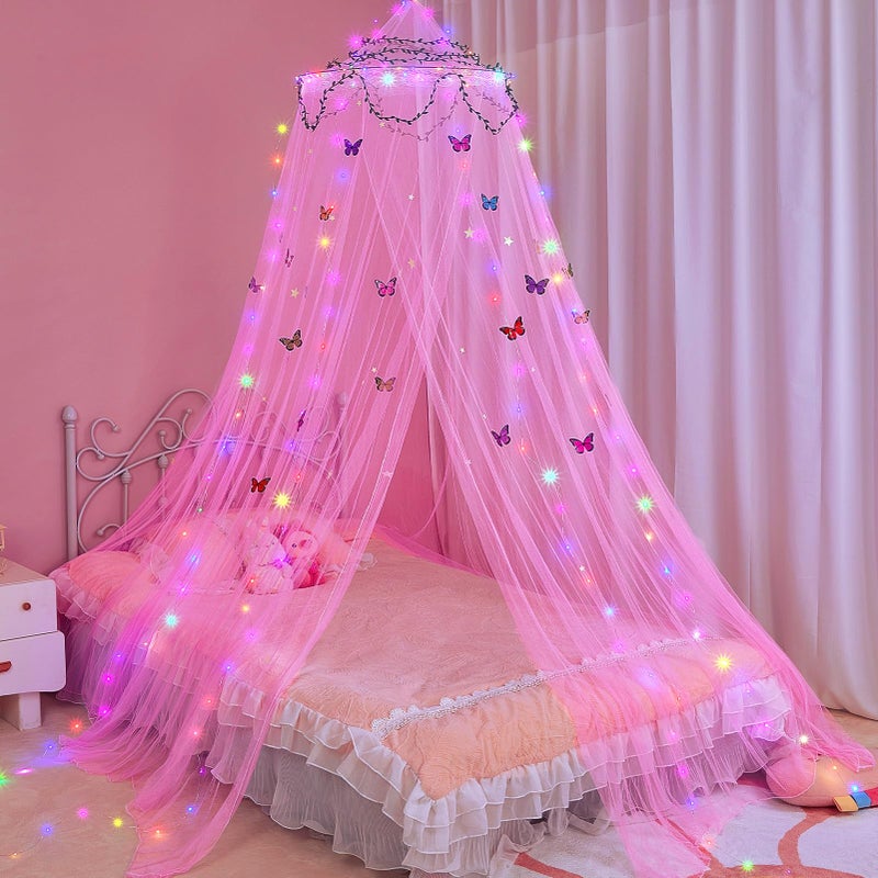 Świecąca moskitiera LED do pokoju księżniczki, dekoracja z gwiazdami i motylami, różowa, 60 x 250 x 1100 cm (pojedyncze drzwi)
