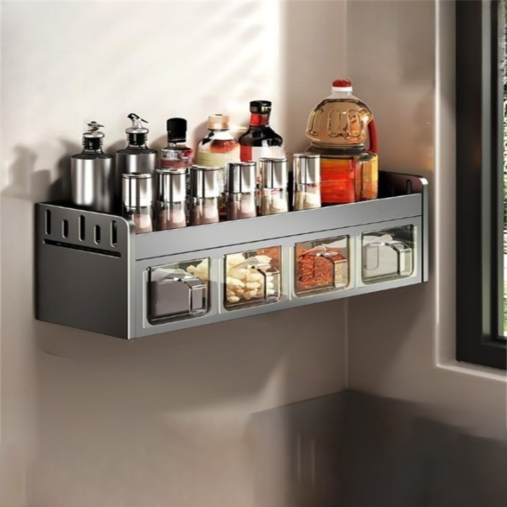 Wieszak na przyprawy bez wiercenia – Kompaktowy, szary, kuchenny schowek z darmowymi pudełkami 35,5×12,5×14 cm