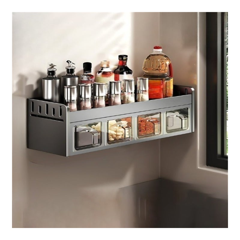 Wieszak na przyprawy bez wiercenia – Kompaktowy, szary, kuchenny schowek z darmowymi pudełkami 35,5×12,5×14 cm