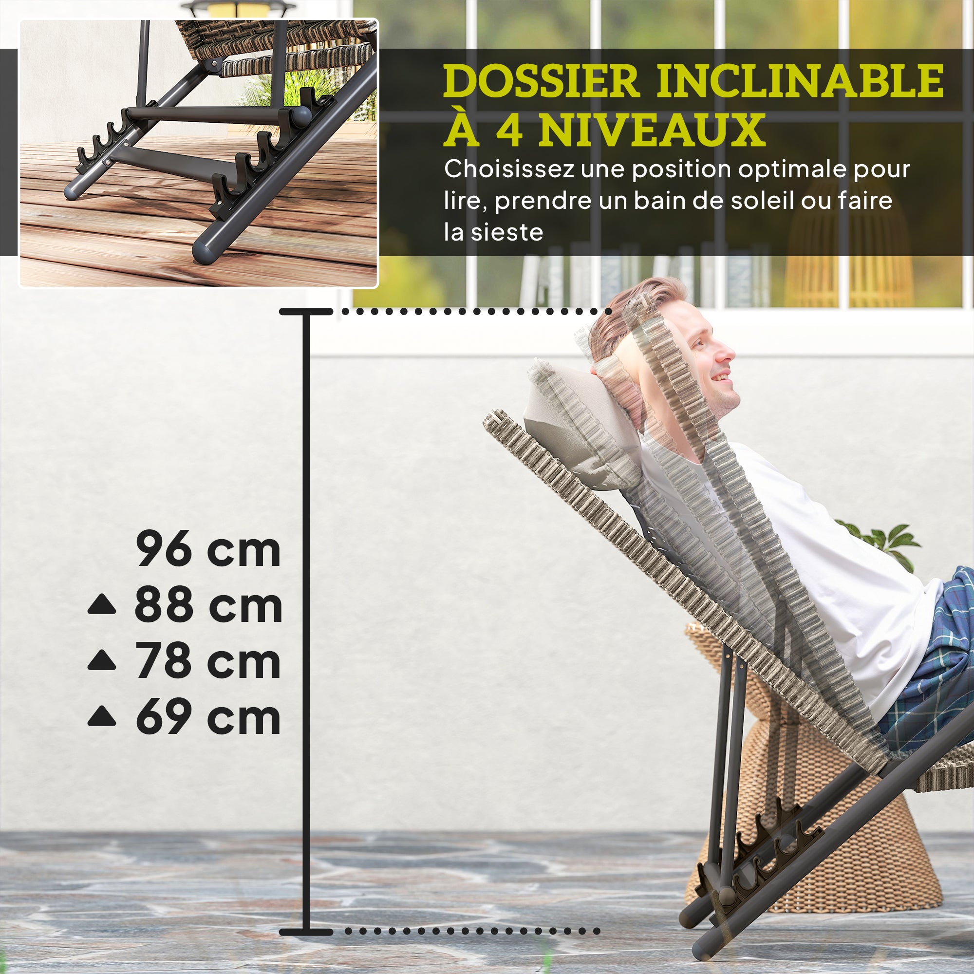 Bain de soleil inclinable et réglable sur 4 positions,en résine tressée en forme de S,156x62x96cm,marron - 6