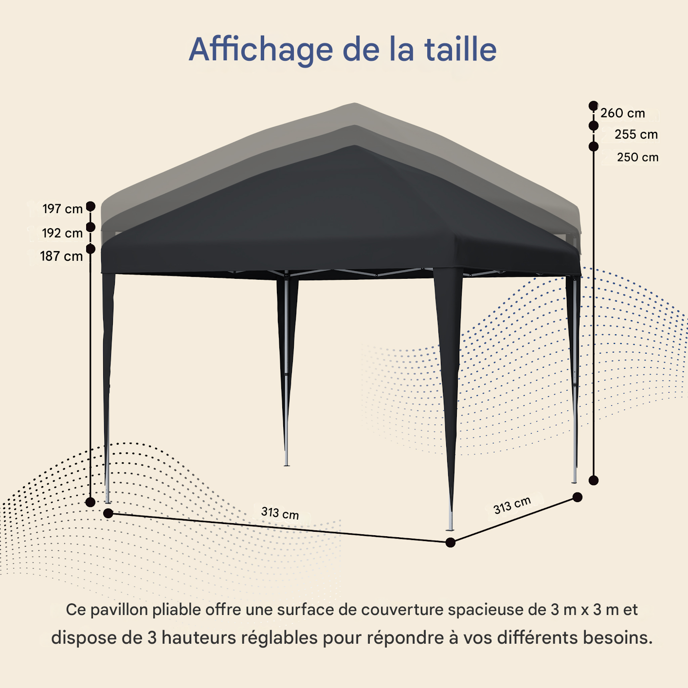 Pavillon pliant 3x3m, hauteur réglable, avec 4 sacs de sable et sac de transport (noir) - 4