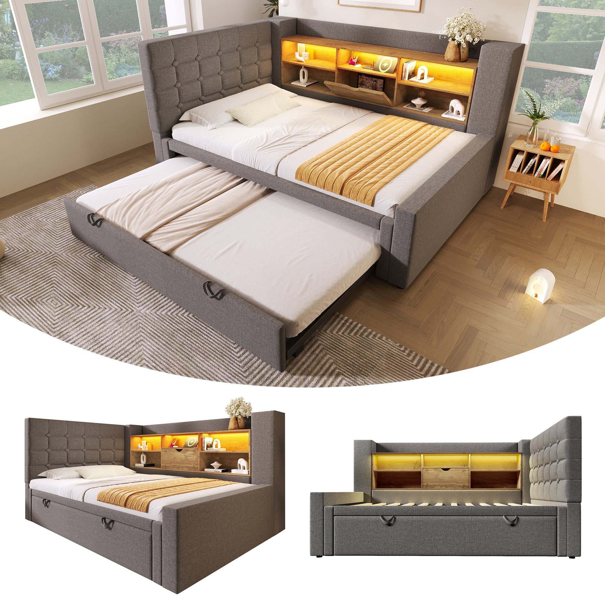 Łóżko wysuwane 90 x 200 cm + 90 x 190 cm z zagłówkiem w kształcie litery L i schowkami - LED - Tkanina lniana - Szary