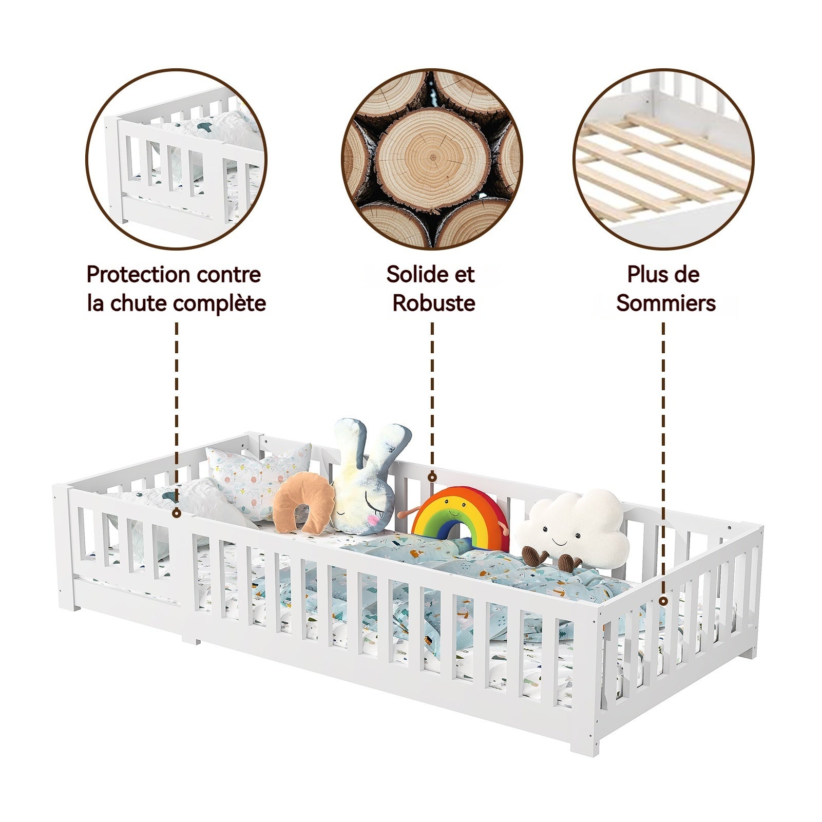 Lit Enfant 90 x 200 cm, Lit de sol en Bois Naturel de Pin Massif avec porte et Barrière de Sécurité, Lit Montessori avec sommier à lattes, Blanc - 5