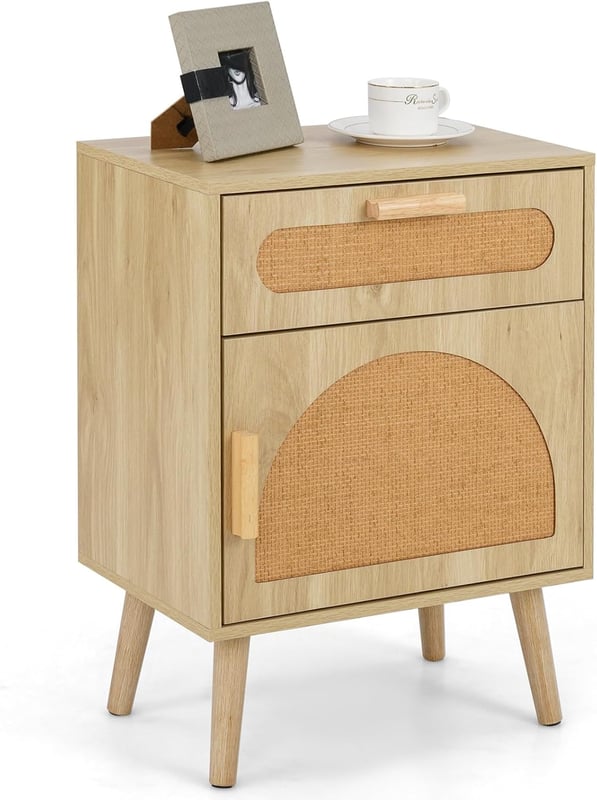 Stolik nocny z rattanu, szafka nocna z szufladą i szafką, stolik pomocniczy,stolik kawowy, konsola nocna w stylu boho do sypialni, 45 x 30 x 61 cm