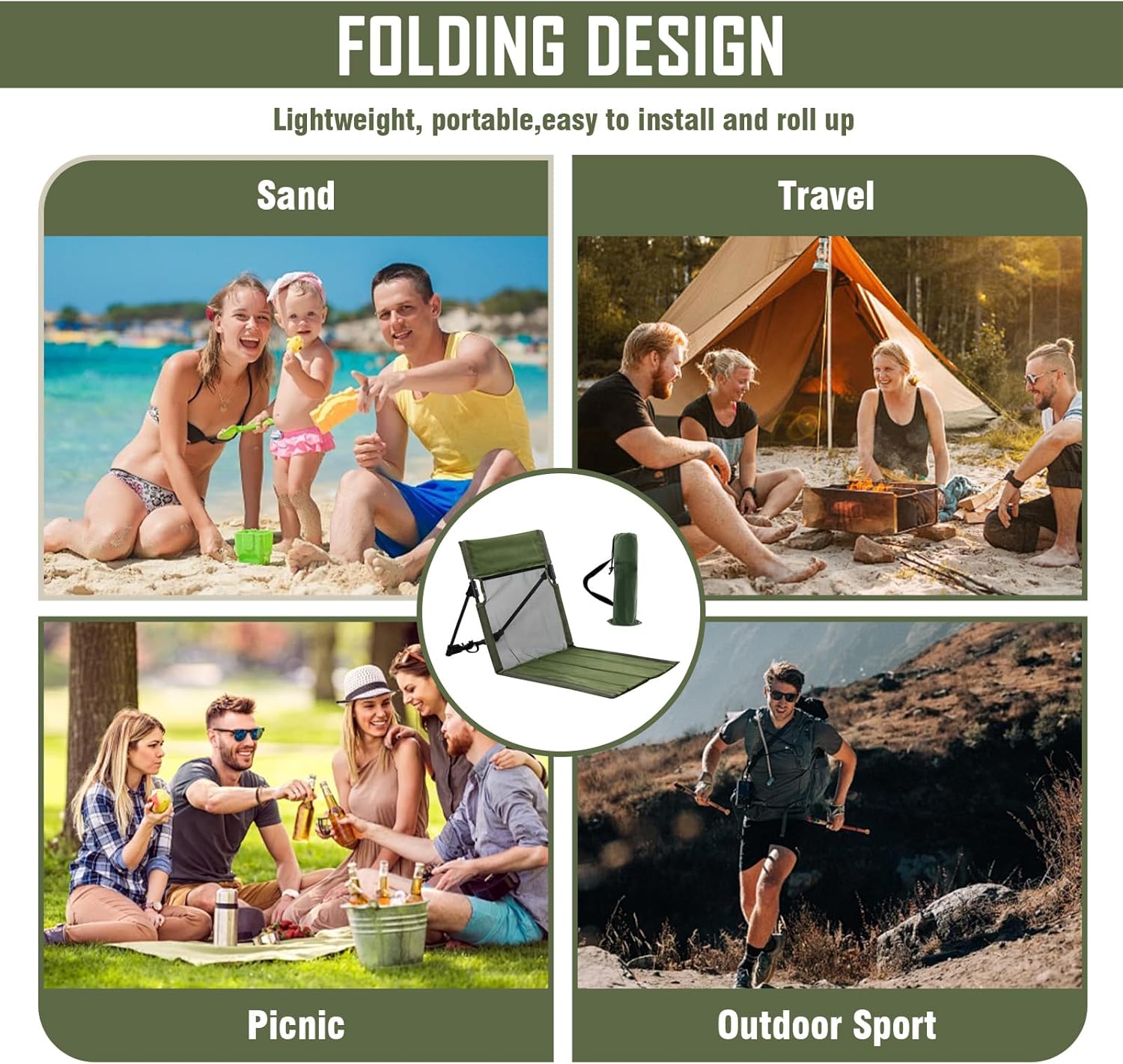 Chaise de Sol, avec Support Dorsal, Tapis de Plage Pliable, Coussin d'assise d'extérieur pour Trekking, Accessoires de Camping - 4