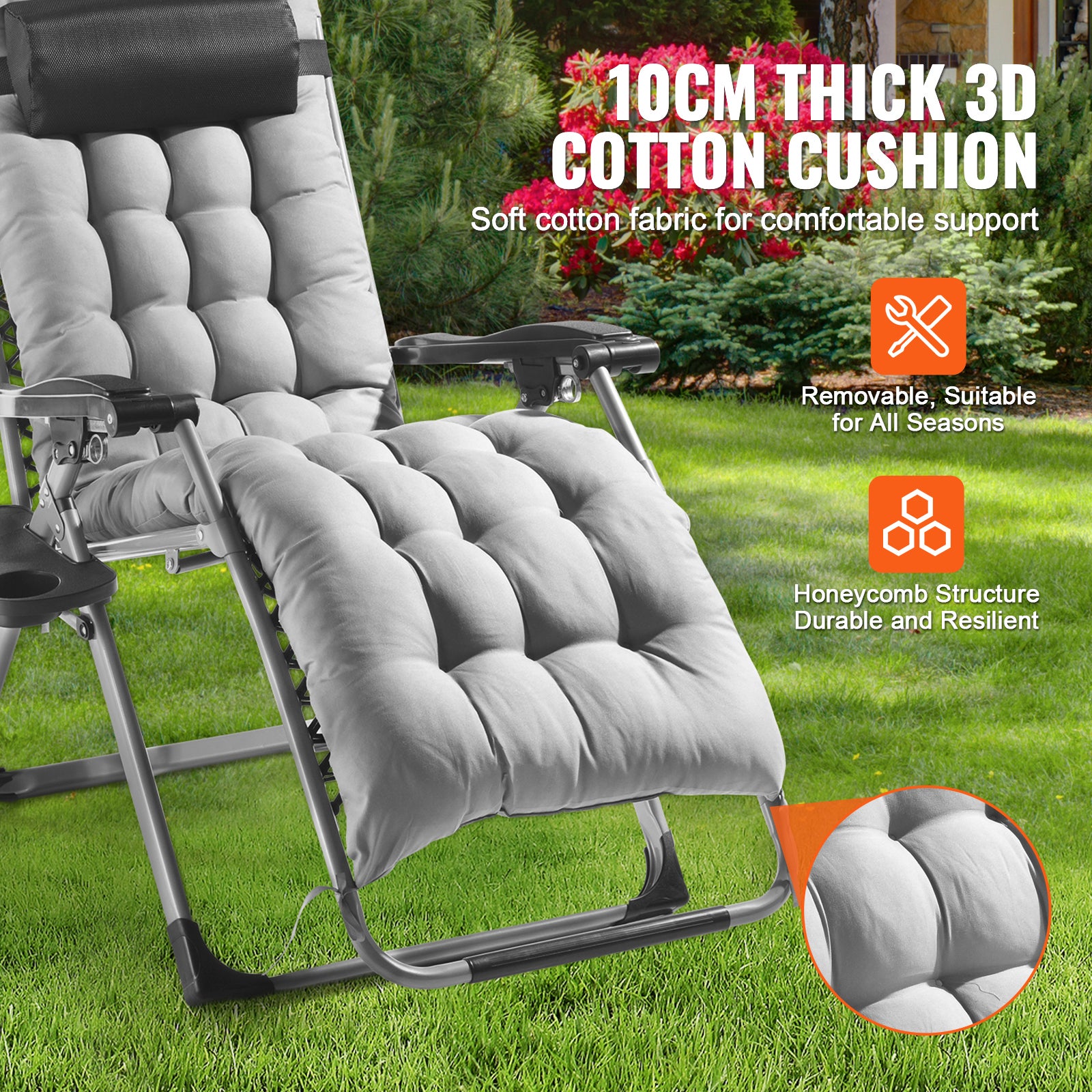Fauteuil inclinable Zero Gravity,VEVOR 645 mm,inclinable,réglable,avec coussin de siège,appui-tête,repose-pieds,porte-gobelet,500 lb,gris - 4