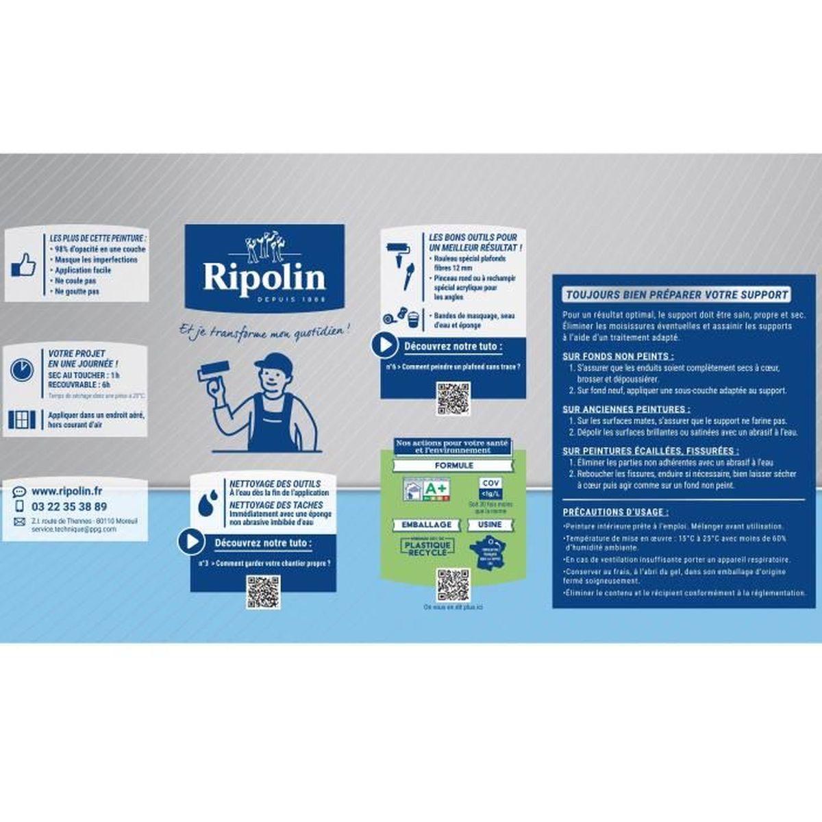 Vernice per soffitti di cucina e bagno - Bianco opaco - RIPOLIN - 1 litro - 6