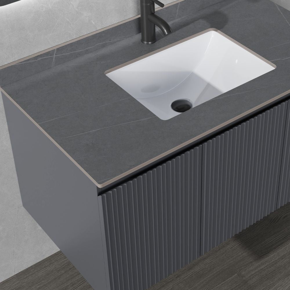 Meuble de salle de bain suspendu avec miroir tactile LED et 3 portes, lavabo en céramique, meuble design à faible encombrement 100 cm - Finition grise - 5