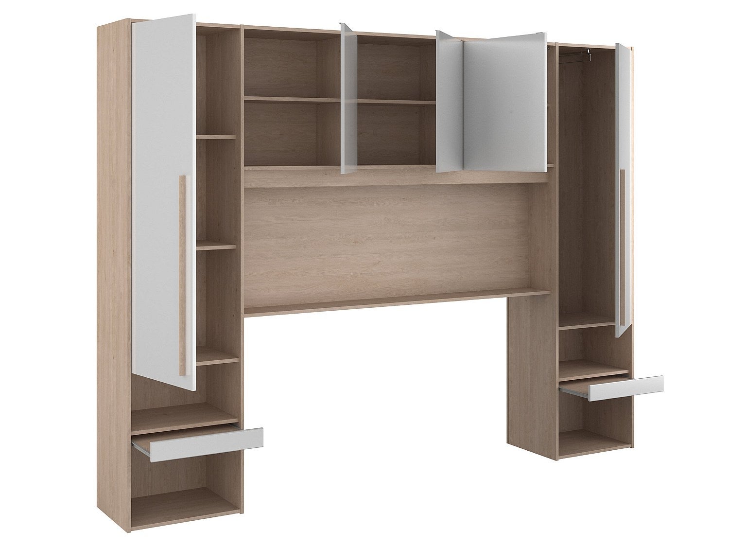 Pont de lit avec rangements - Avec LEDs - L265 cm - Coloris : Blanc brillant et naturel - VELONA - 9