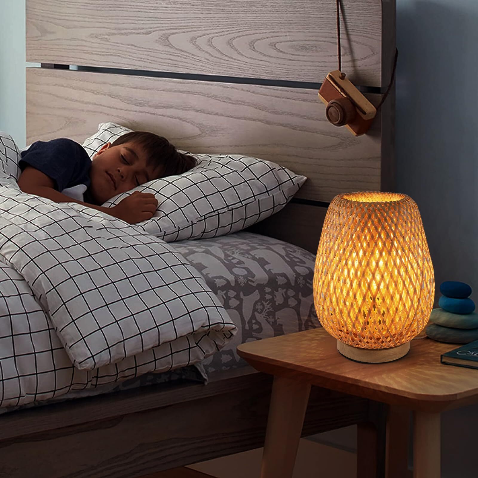 GOECO Lampe de Table, en Bambou, Châssis D18 * H28,5 CM, Base E27(sans Ampouele), Interrupteur à Bouton - 4