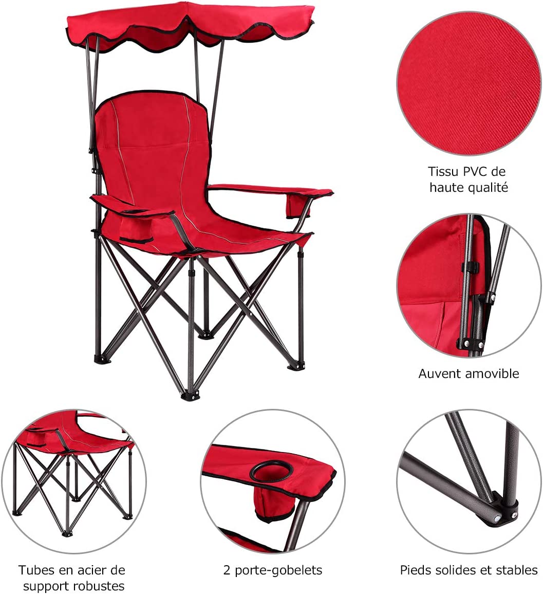 Chaise de camping avec parasol, chaise de plage pliante avec porte-gobelet, accoudoir rembourré - 3