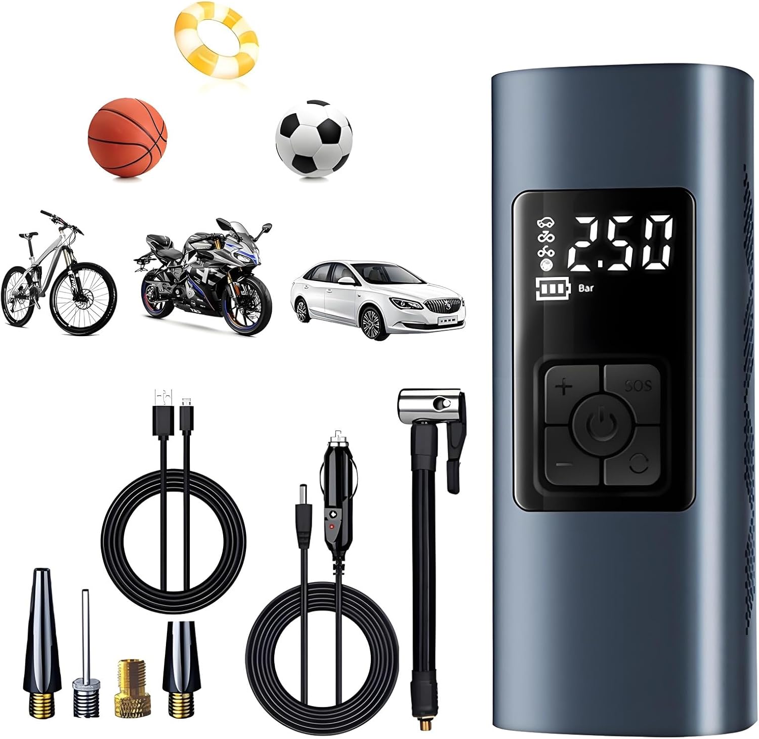 Szaroniebieski 17 * 6,9 * 5 cm przenośny inflator opon, inflator opon może być używany jako power bank, przenośne sprężarki powietrza a