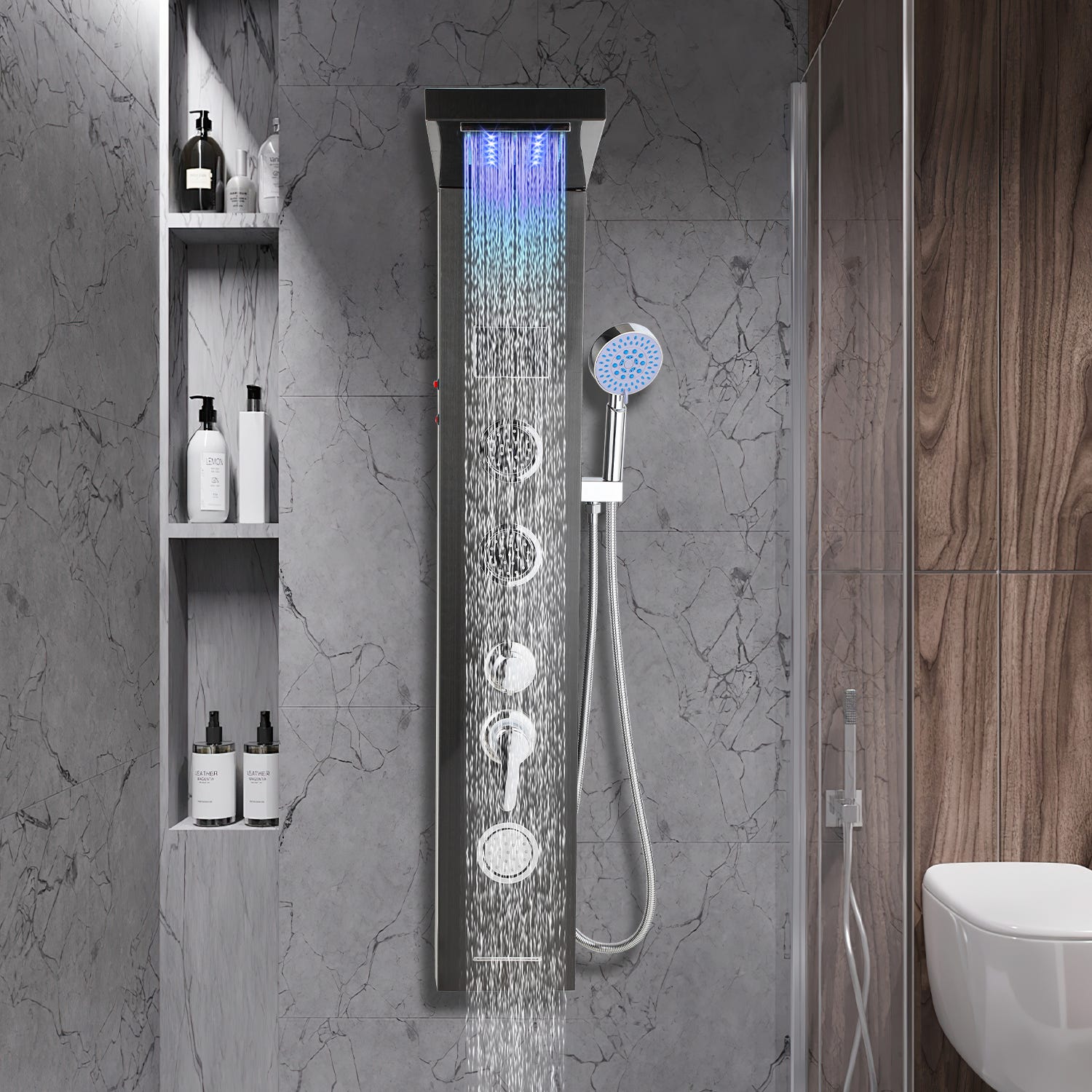 Colonne de douche courbe aluminium panneau hydromassante pluie mod. Niagara Colonne de douche courbe aluminium panneau hydromassante pluie mod. Niagara