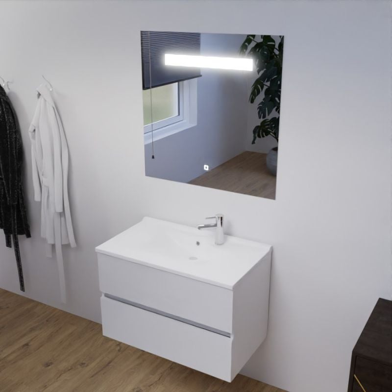 Meuble salle de bain 80 cm ROSALY avec plan vasque et miroir Elégance ht80- Blanc- Plan vasque en Résine - 6
