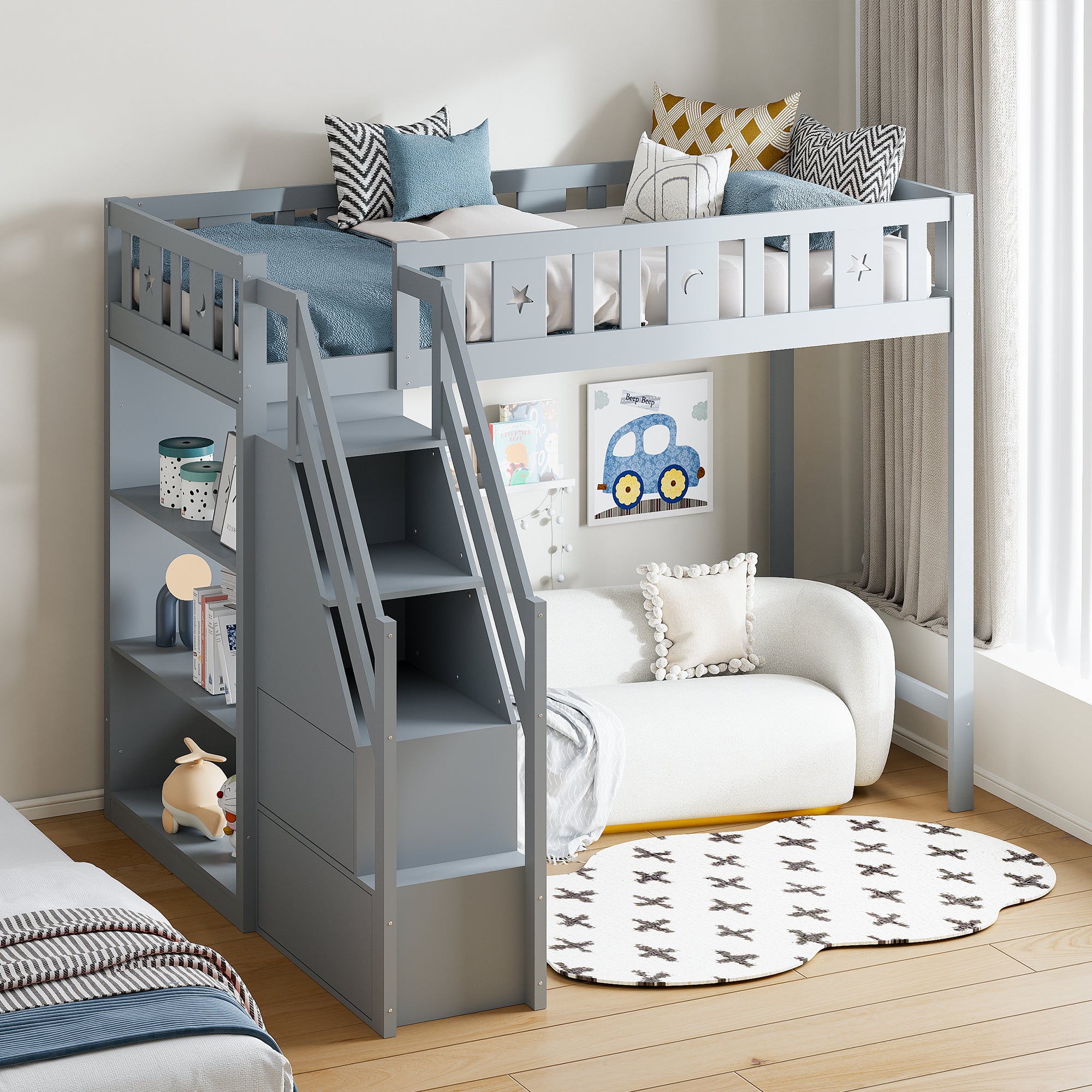 Lit Mezzanine Enfant 90x200cm Avec Tiroirs Et Penderie - Espace Rangement Intégré - Blanc - Pin Et MDF