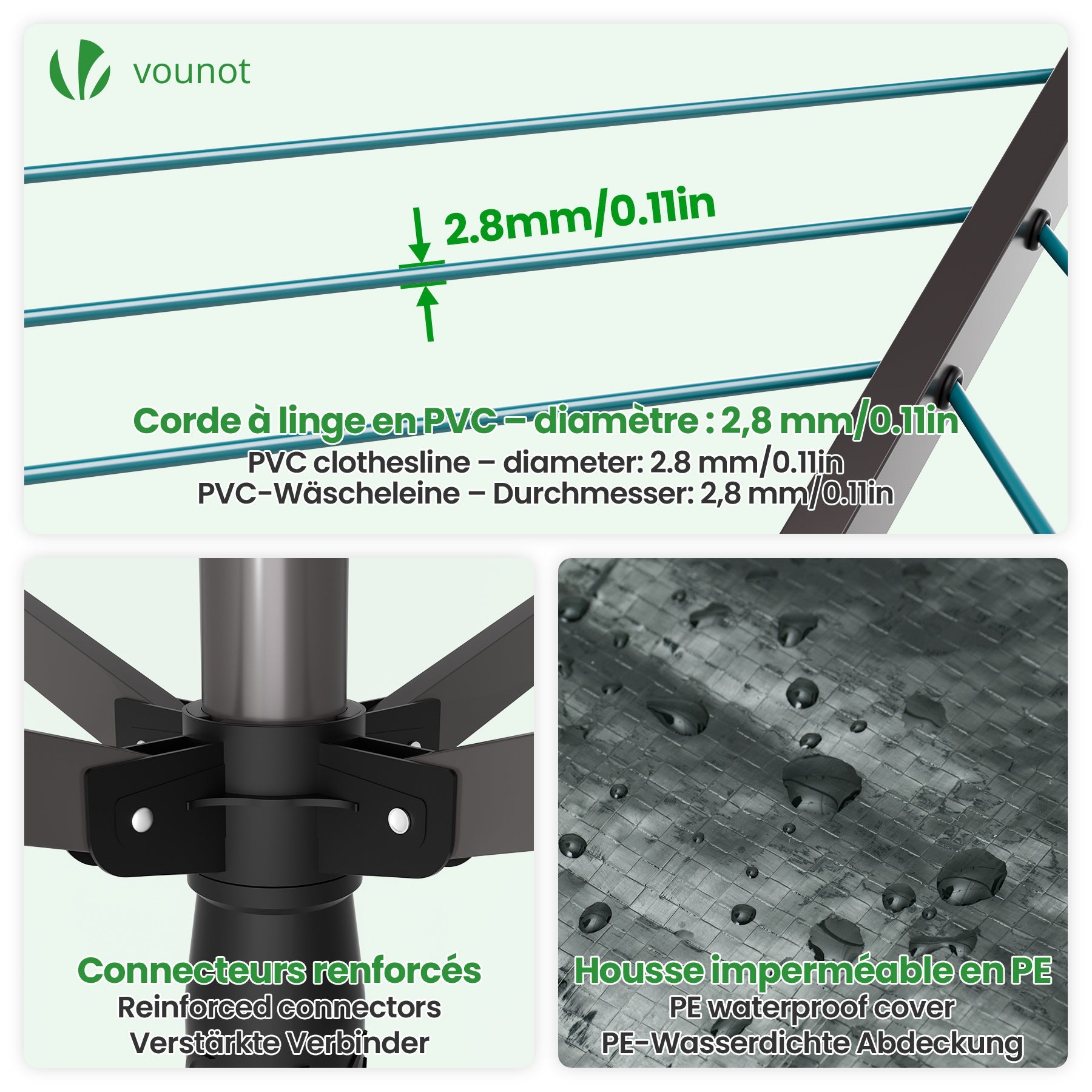 Étendoir à linge extérieur rotatif 50m avec housse de protection - Séchoir parapluie grande surface d'étendage - Gris - VOUNOT® - 7