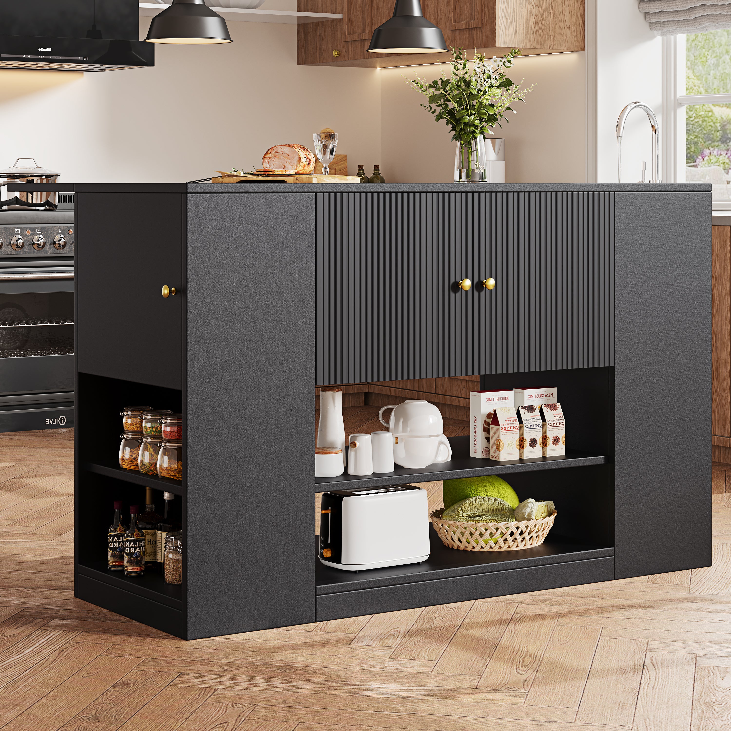 Ilot central de cuisine avec 3 portes, 2 tiroirs et compartiments ouverts - Plateau extensible - 140x40/70x90 cm - MDF - Noir - 2