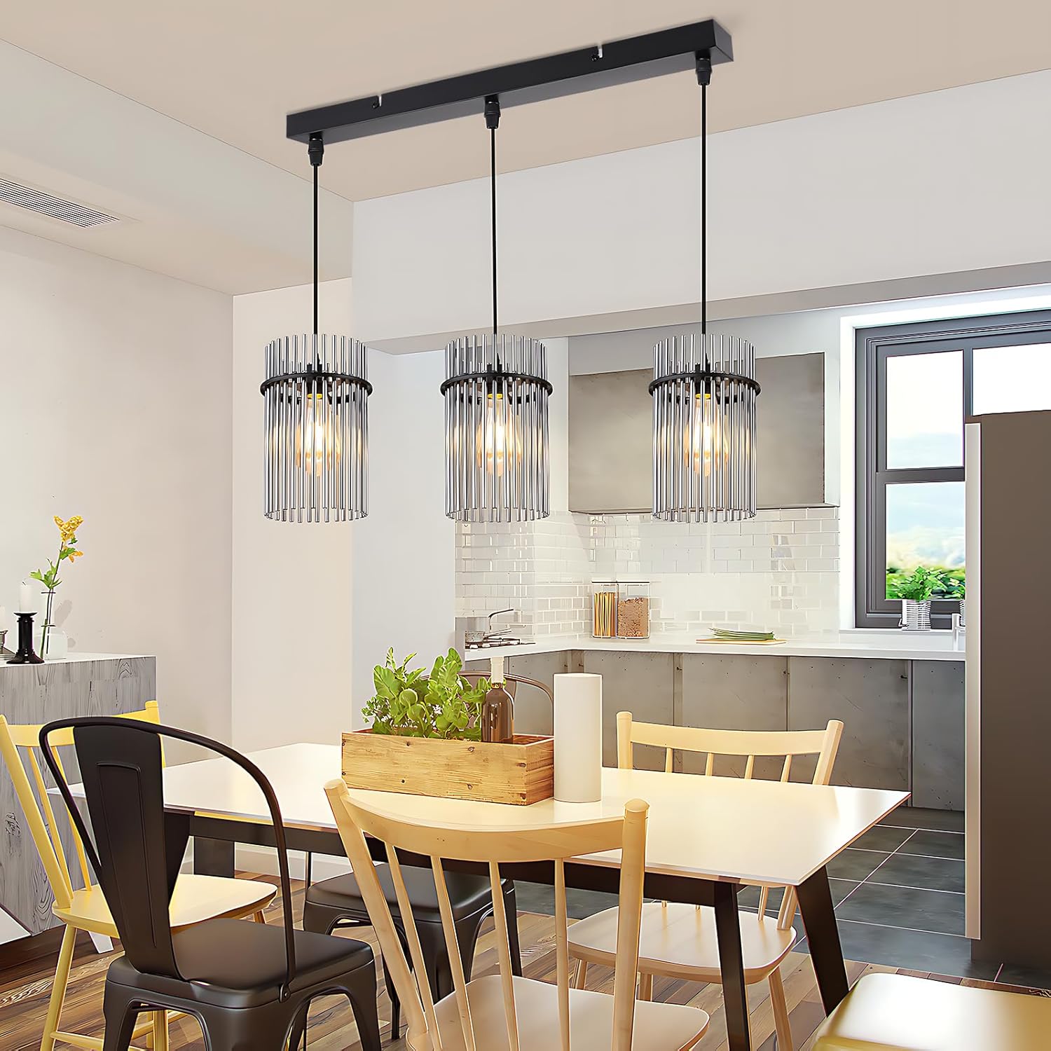 ZMH Lampa wisząca w stylu vintage z trzema żarówkami, czarne szkło, E27 (żarówka nie jest dołączona) - 2