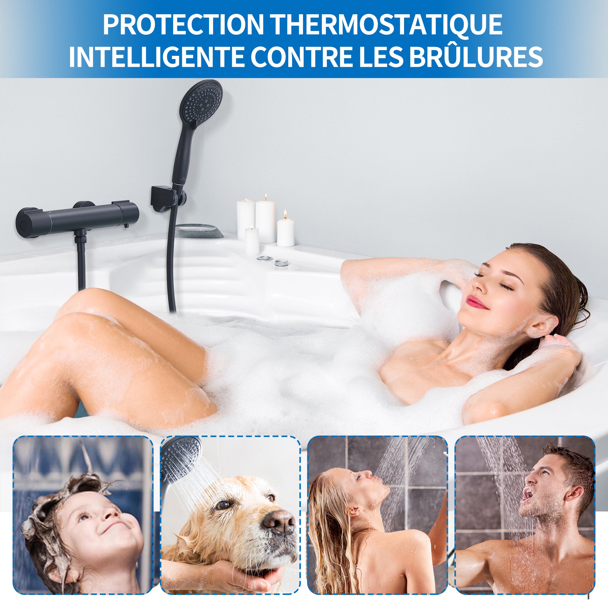 Mitigeur Thermostatique de Douche à 38°C Robinet de Baignoire en Laiton avec Verrou Sécurité Robinet de Douche Noir - 6