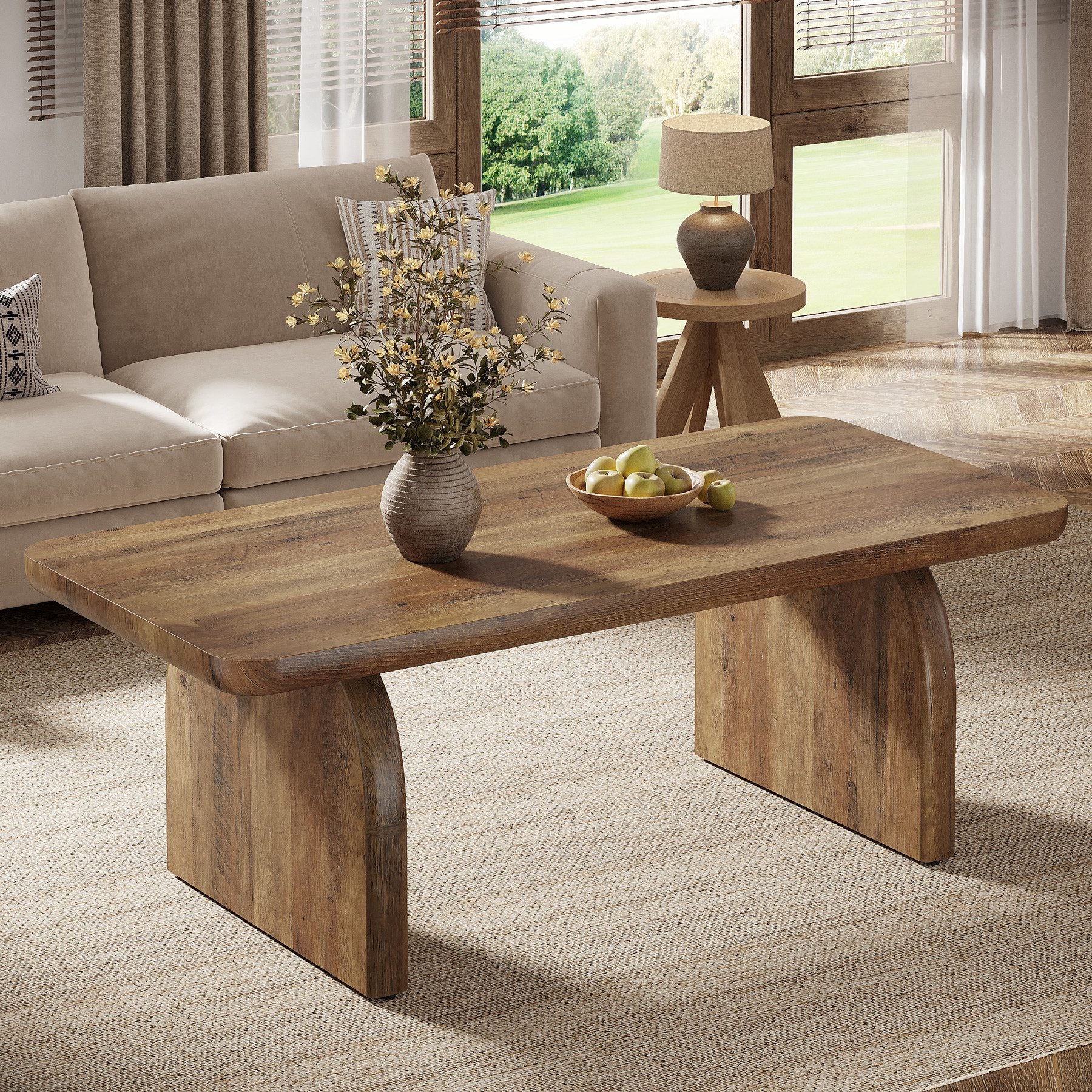 Tribesigns 120 cm Table basse rectangulaire , style fermier en bois avec base stable et coins arrondis, brun rustique, facile à monter - 2