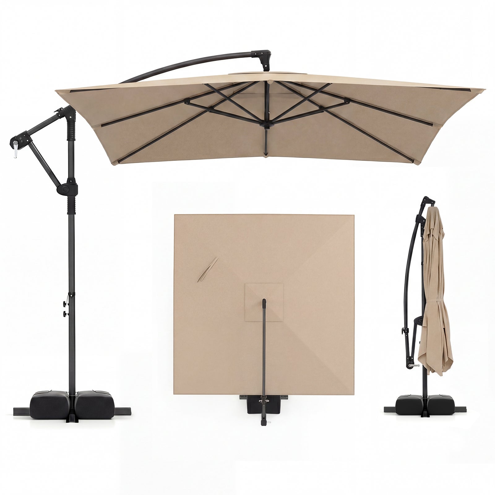 2,5 x 2,5 M Parasol Offset z obrotem 360°, prostokątny parasol plażowy z 8 wielorybami, korba, obciążona podstawa, worki z piaskiem, brązowy