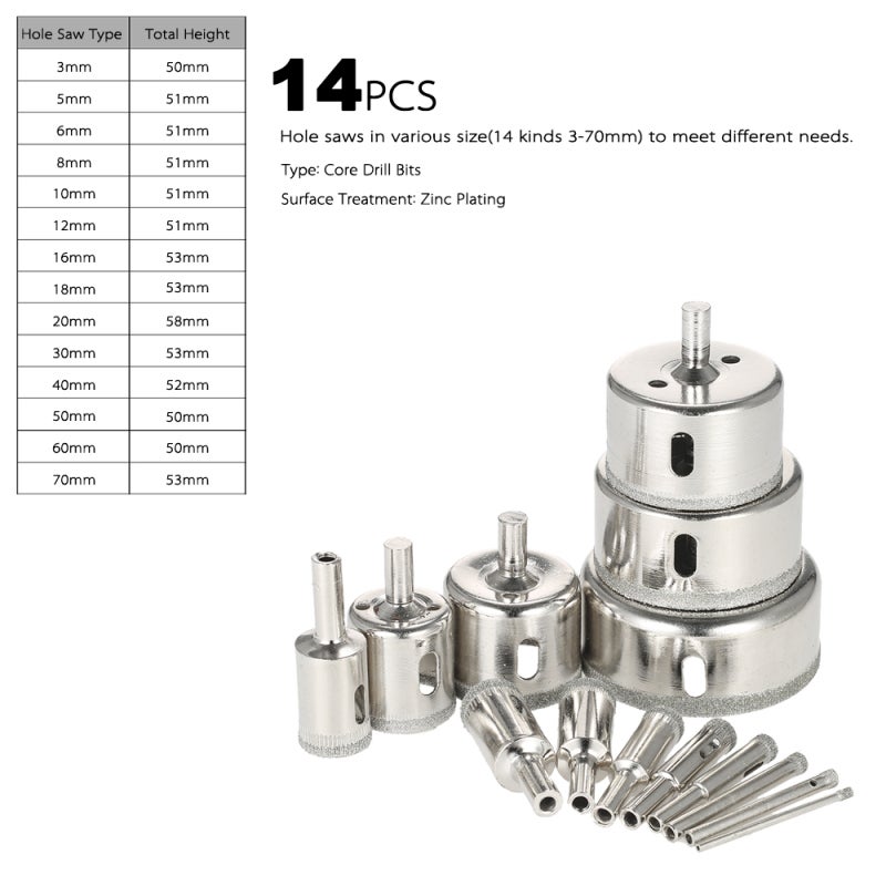 Kit de 14 scies cloches diamantées pour verre (3-70 mm) - Foret à bille pour marbre, carrelage, céramique, verre et porcelaine - 2
