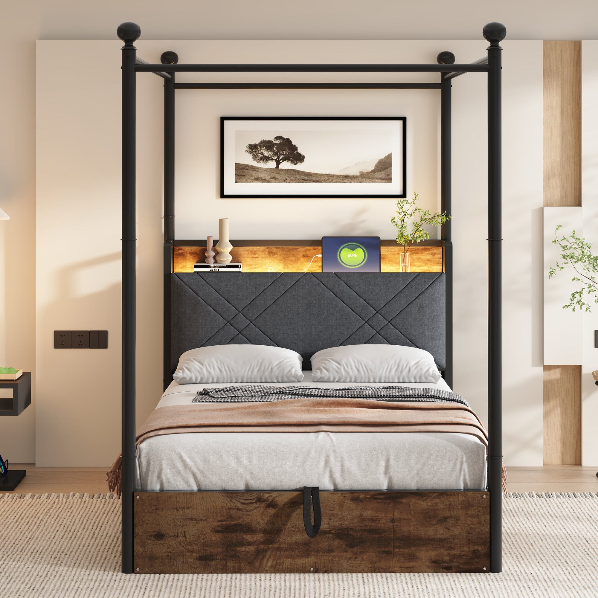 Lit coffre 90x190cm Métal Noir, Rangement Hydraulique, Lit simple&nbsp;capitonné avec LED, Prises USB/Type-C, Cadre de lit en bois (Sans Matelas) - 3
