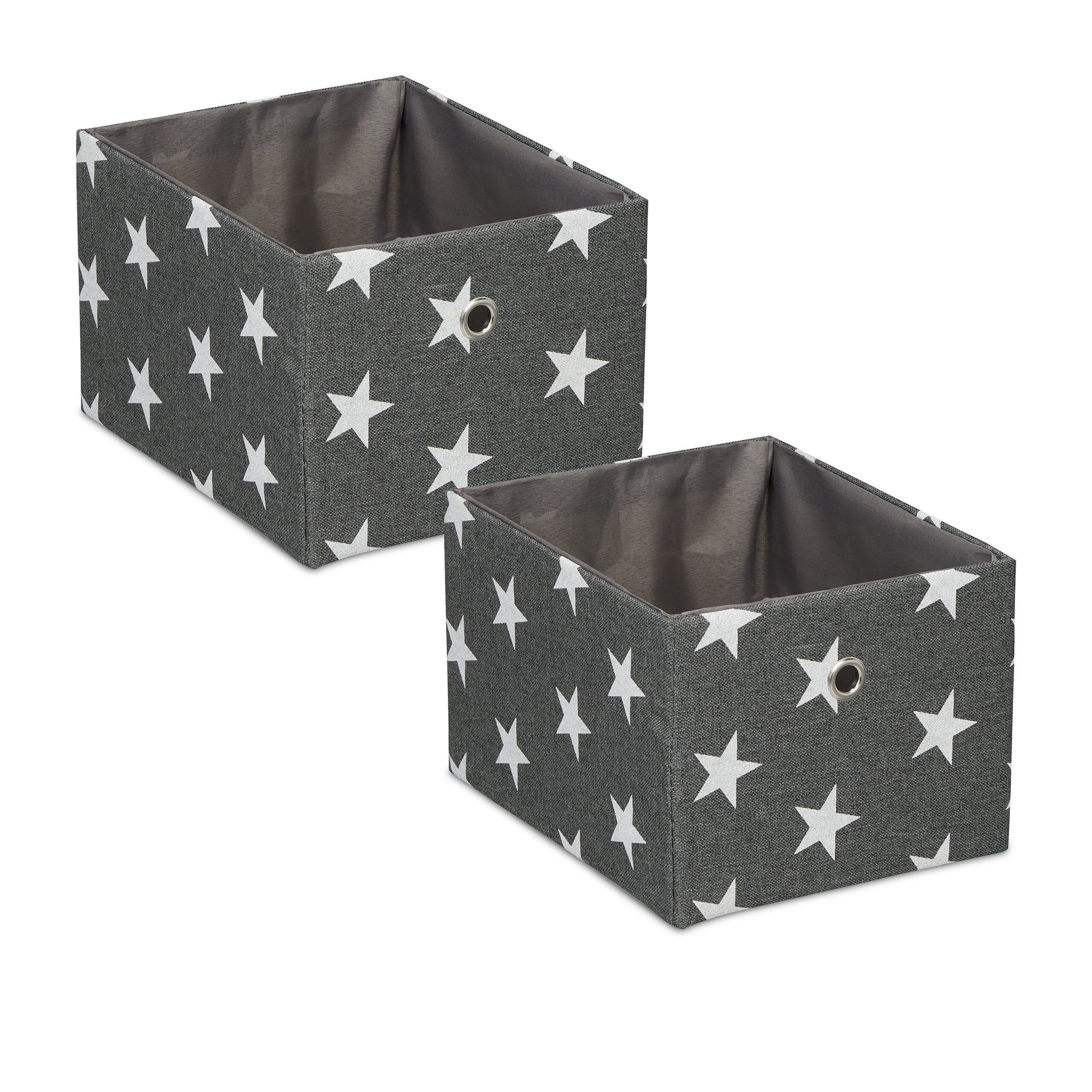 Relaxdays cajas de almacenaje con estrellas set de 2, cajones tela rectangulares, 16x20x25 cm, sin tapa, gris y blanco