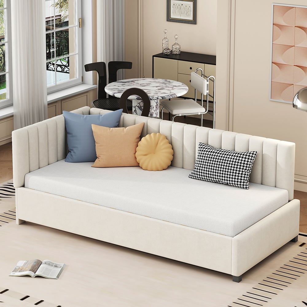 Lit adulte Lit gigogne Lit 90x200 avec sommier à lattes Canapé-lit pour le salon Tissu velours Beige - 5