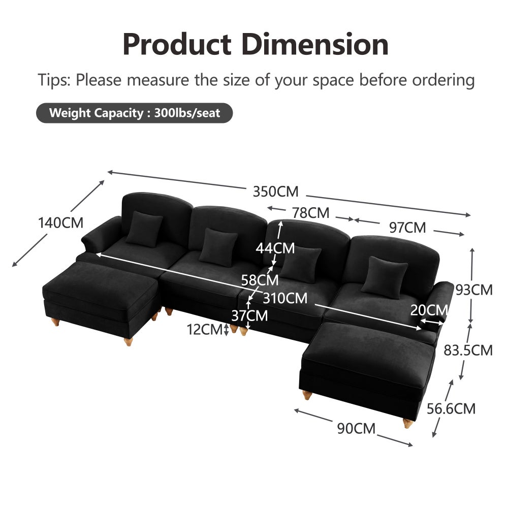 Divano modulare U 4 posti in chenille morbida con gonna removibile, braccioli a trombetta, gambe a spillo e pouf mobile –divano trasformabile 2 design - 3