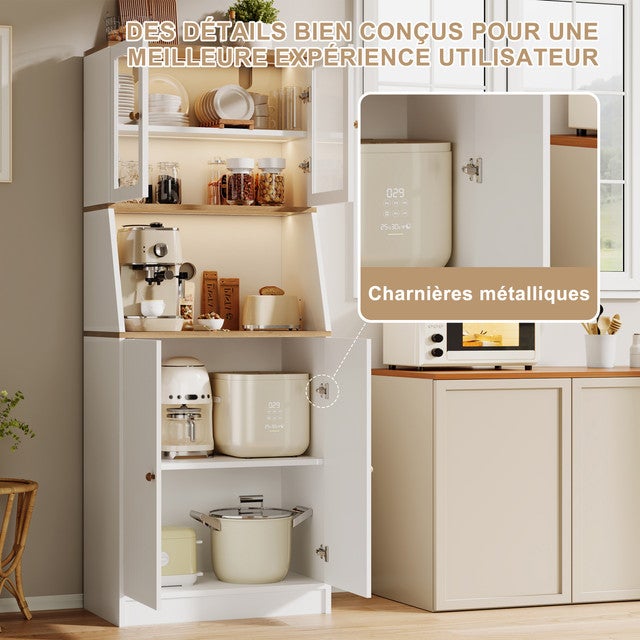 Armoire de Cuisine Colonne 180cm, Buffet avec Éclairage et Étagères Réglables, Plan de Travail et Portes en Verre Transparent, 70x40x180cm - 7