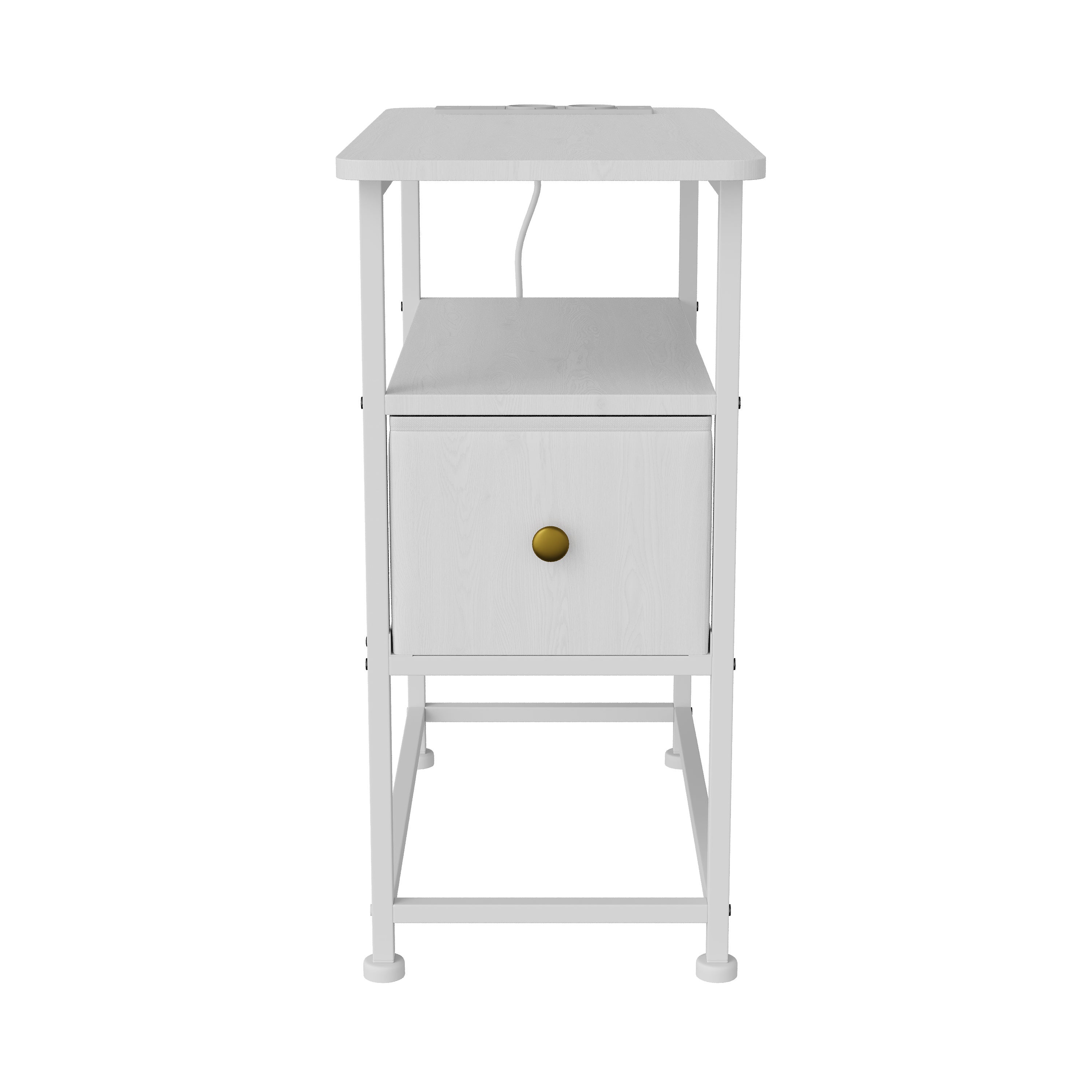Table d'Appoint avec tiroirs - prise électrique incluse, structure en métal, pieds antidérapants, espace de rangement ouvert - 60x30x62 cm - blanche - 9