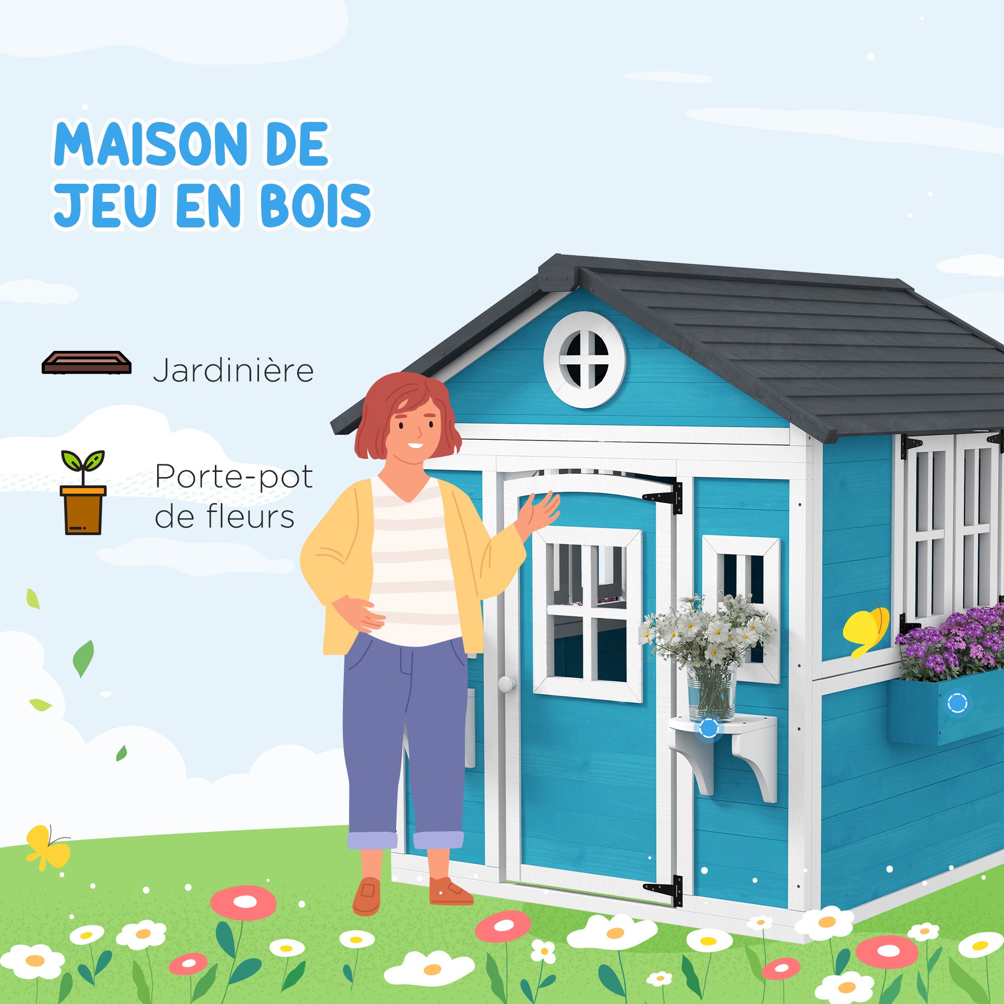 Cabane enfant extérieur maison enfant extérieure avec porte fenêtres et jardinières 114 x 126,4 x 135 cm bleu pour la maison - 6
