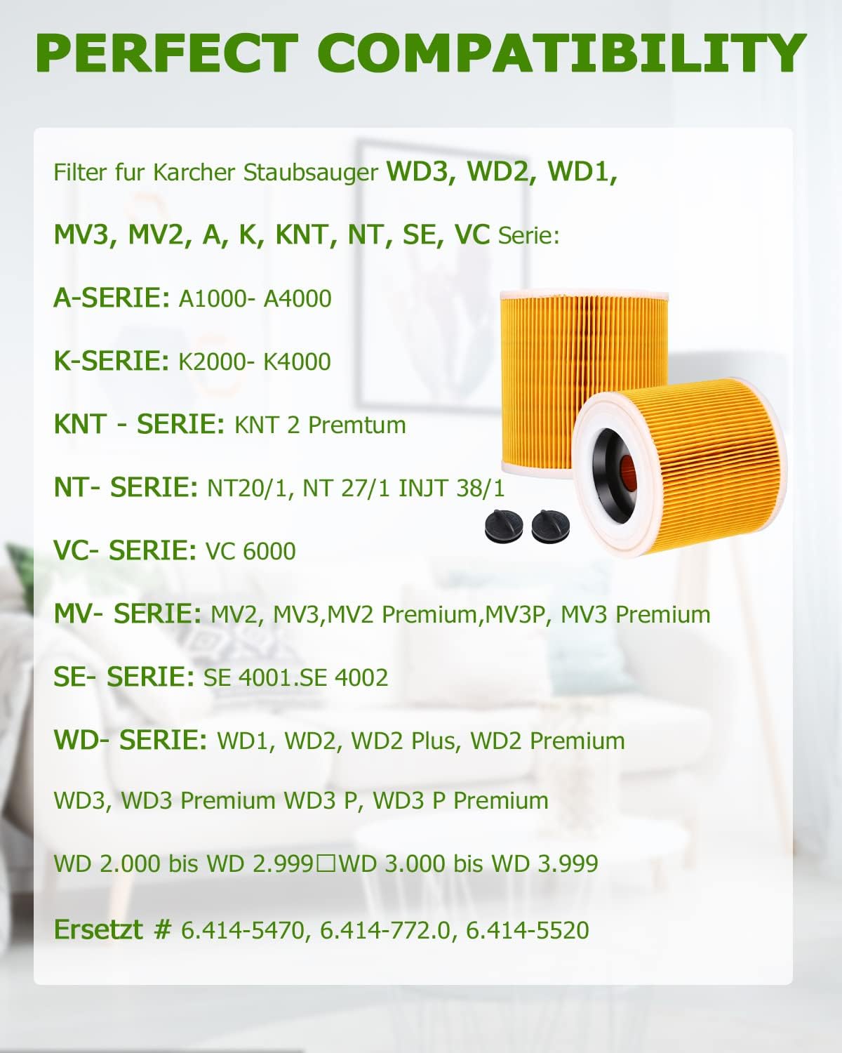 Lot de 2 filtres à cartouche pour Wd3 Premium Wd2 Wd3 Wd3p Wd3 Mv2 Mv3 Filtre Wd3 Filtre de rechange pour aspirateur Krcher 6.414-552.0/6414552 - 4