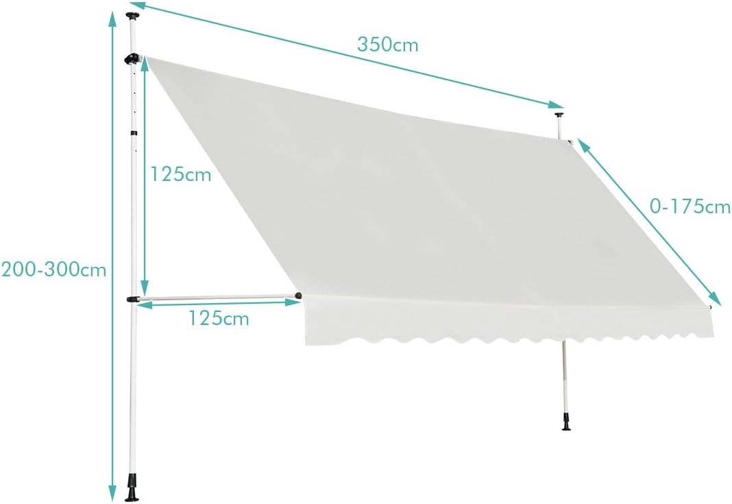 Store Banne Manuel Rétractable, Auvent Balcon Terrasse Rétractable sans Percage, Hauteur Réglable 2-3M, 3,5x1,75M, Beige - 2