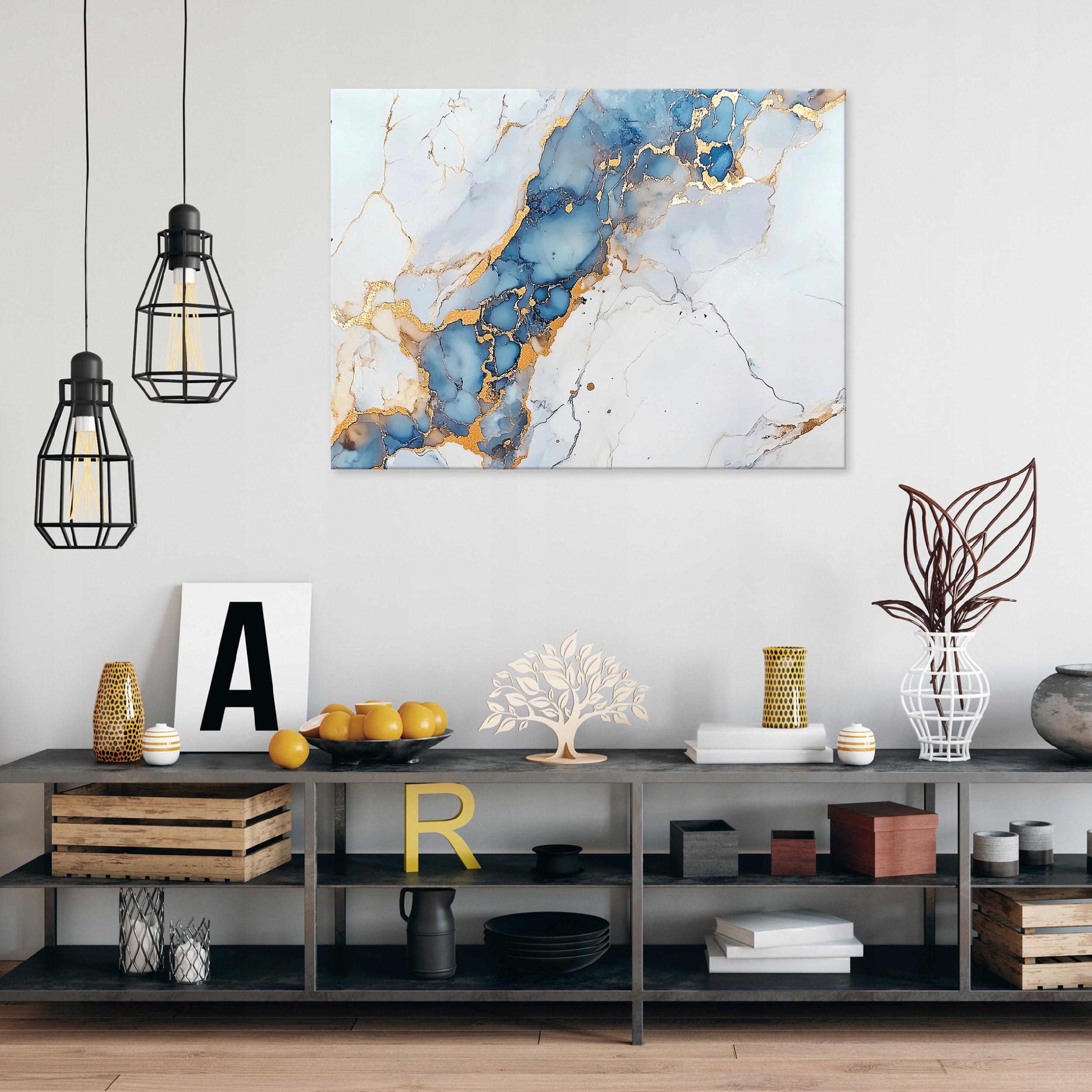 Tableau Deco abstrait marbre bleu or moderne 120x80 cm xxl Impression sur toile décoration murale intissée pour salon chambre cuisine - 2