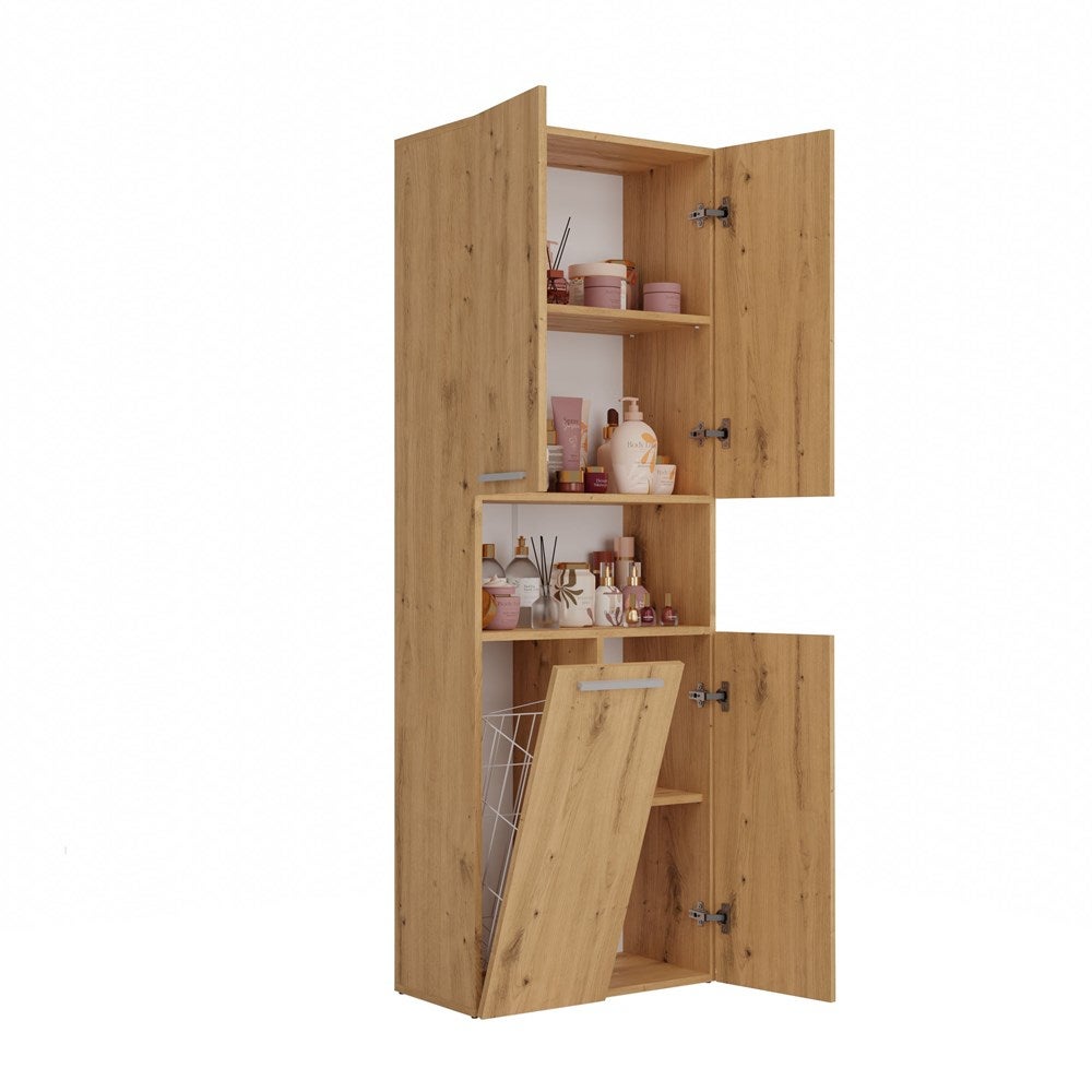 BDW Armoire De Salle De Bain Coulissante Avec Panier à Linge - Grande Armoire 174 X 31 X 30 Cm, Choix Du Côté D'Ouverture, Blanc Brillant