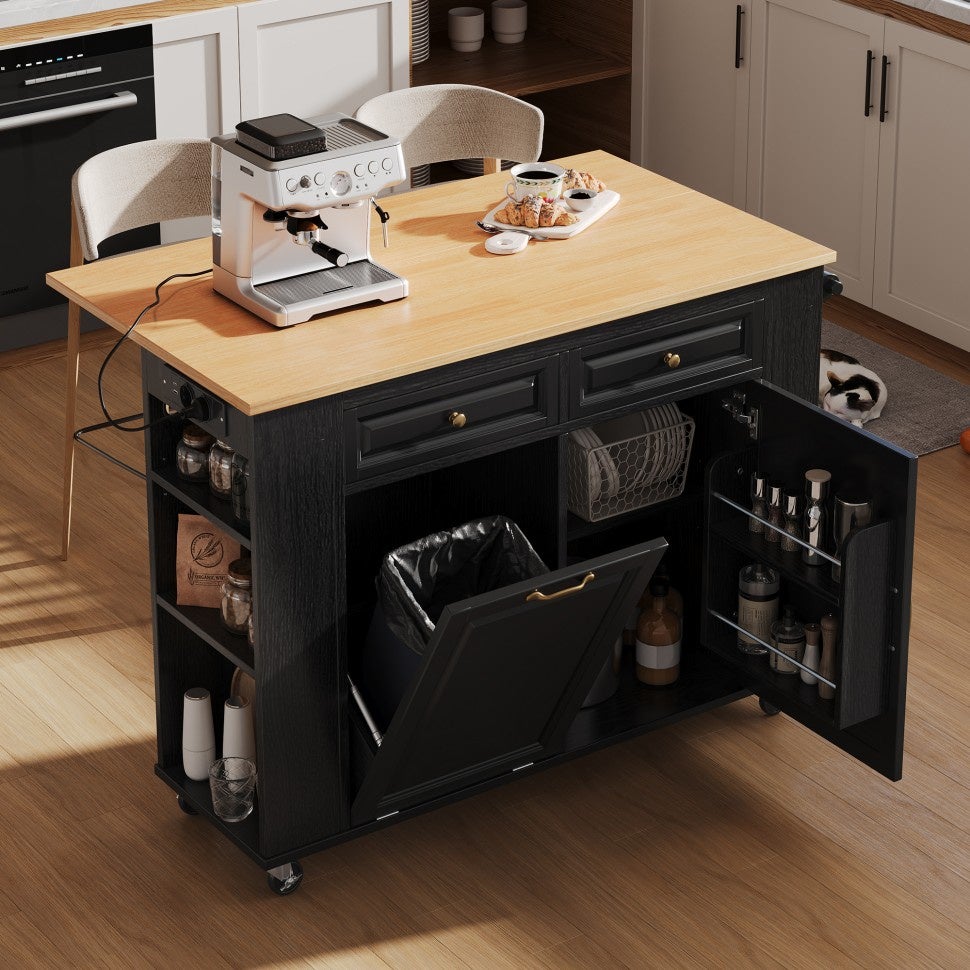 Carrito de cocina - 120 x 40 (70) x 92 cm - encimera extensible, enchufes integrados y compartimento para la basura - negro y natural