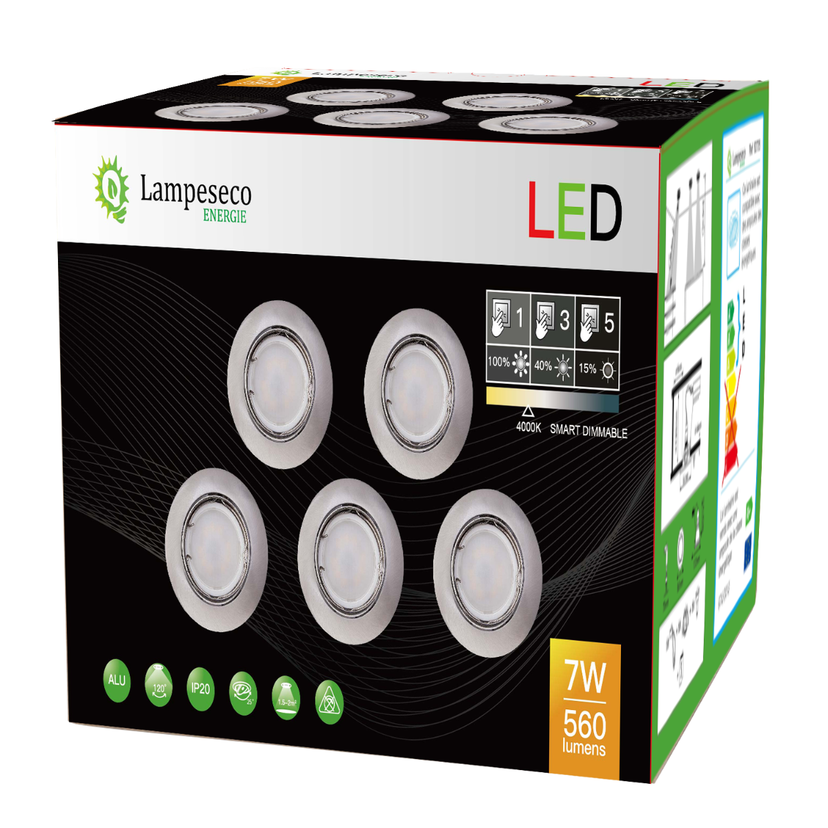 40 Spots led 3-step dimmable sans variateur 7w eq.56w blanc neutre orientable finition alu brossé - 4