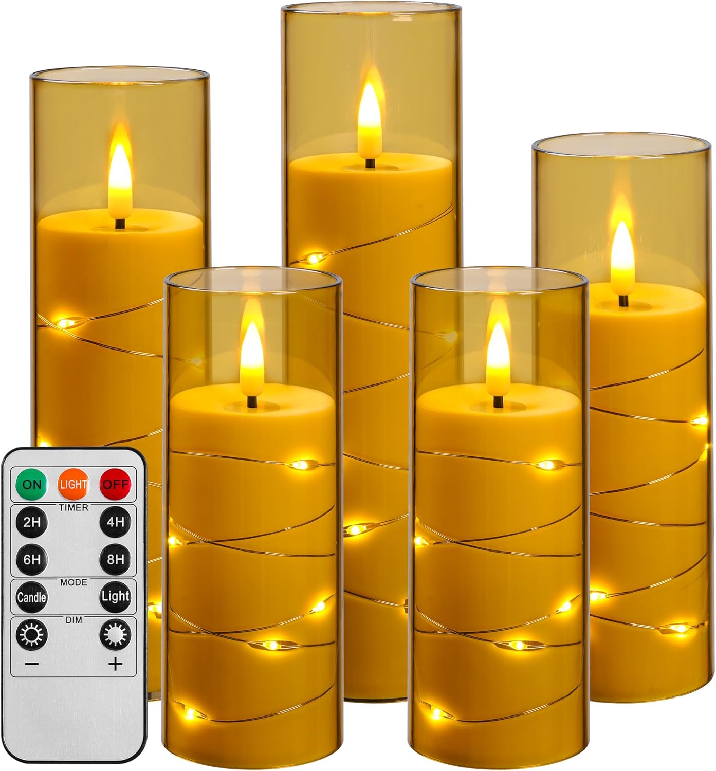 Zestaw 5 sztuk świeczek LED w kształcie tuby, najdłuższy 5,5*20 cm, w kolorze złotym, o różnych długościach, z pilotem sterującym.