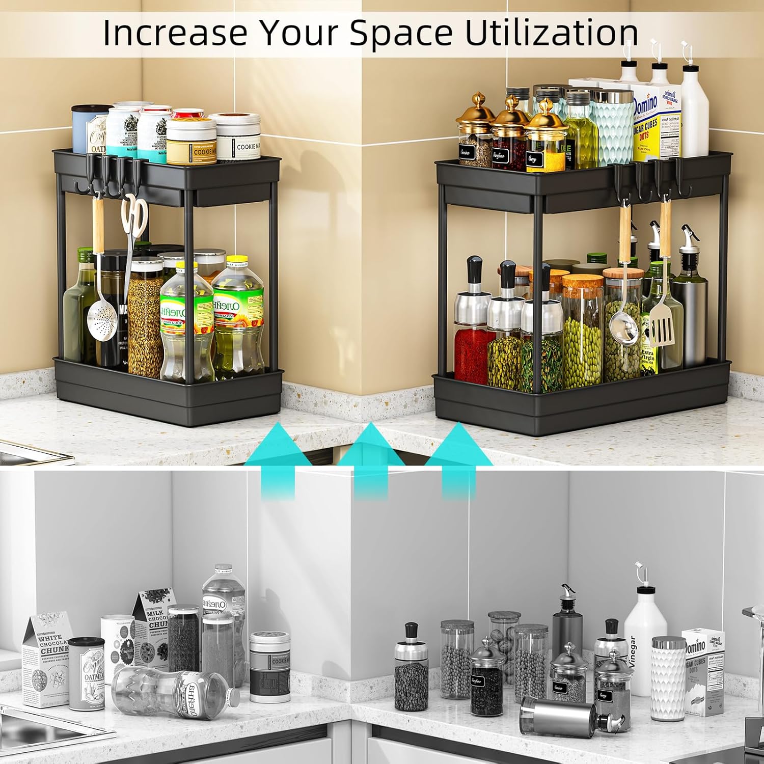 Lot de 2 étagères de rangement sous évier - Rangement et organisation pour cuisine et salle de bain, étagère sous évier à 2 niveaux, noir - 4
