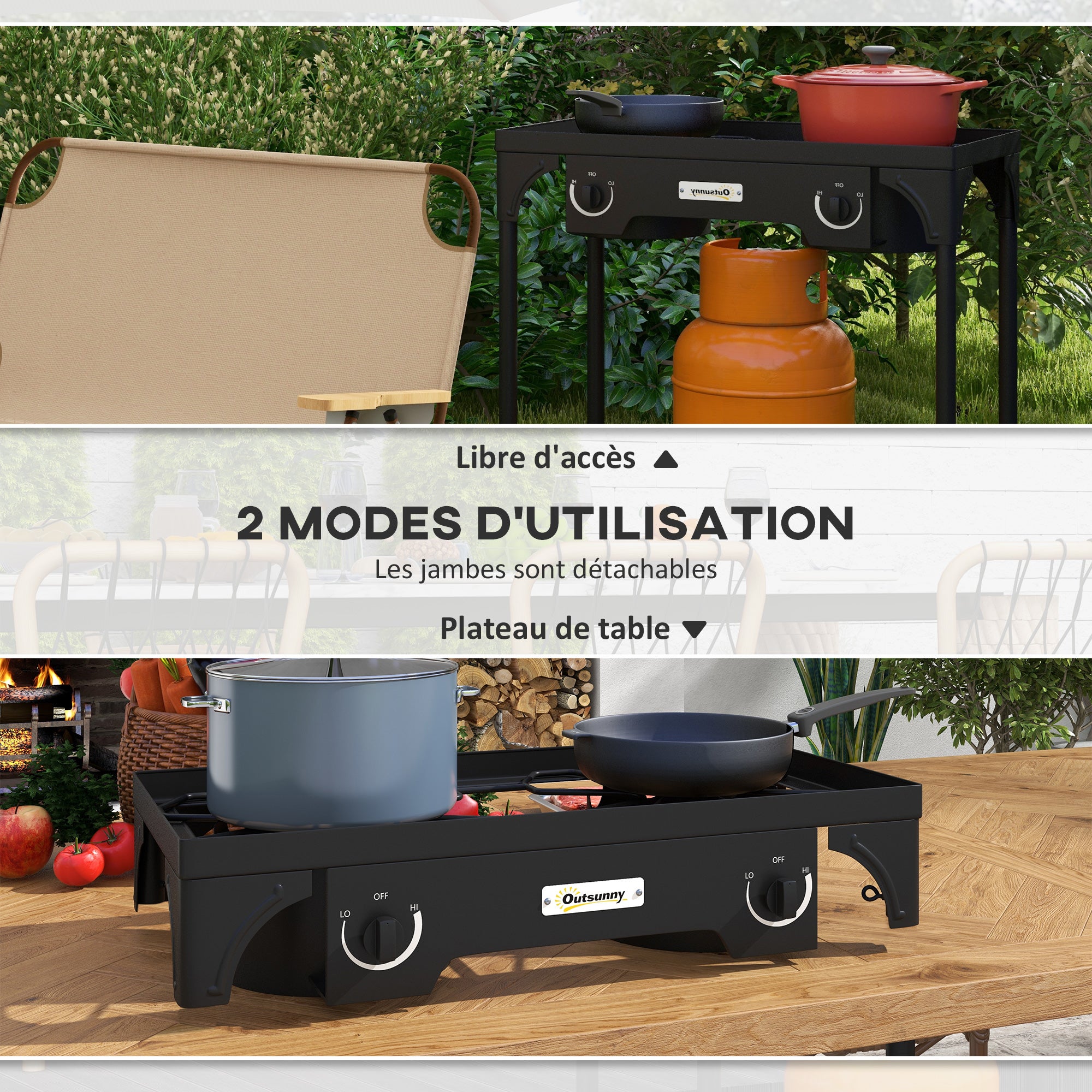Réchaud gaz propane portable 2 brûleurs 150 000 BTU/h pieds amovibles cuisine camping - 7