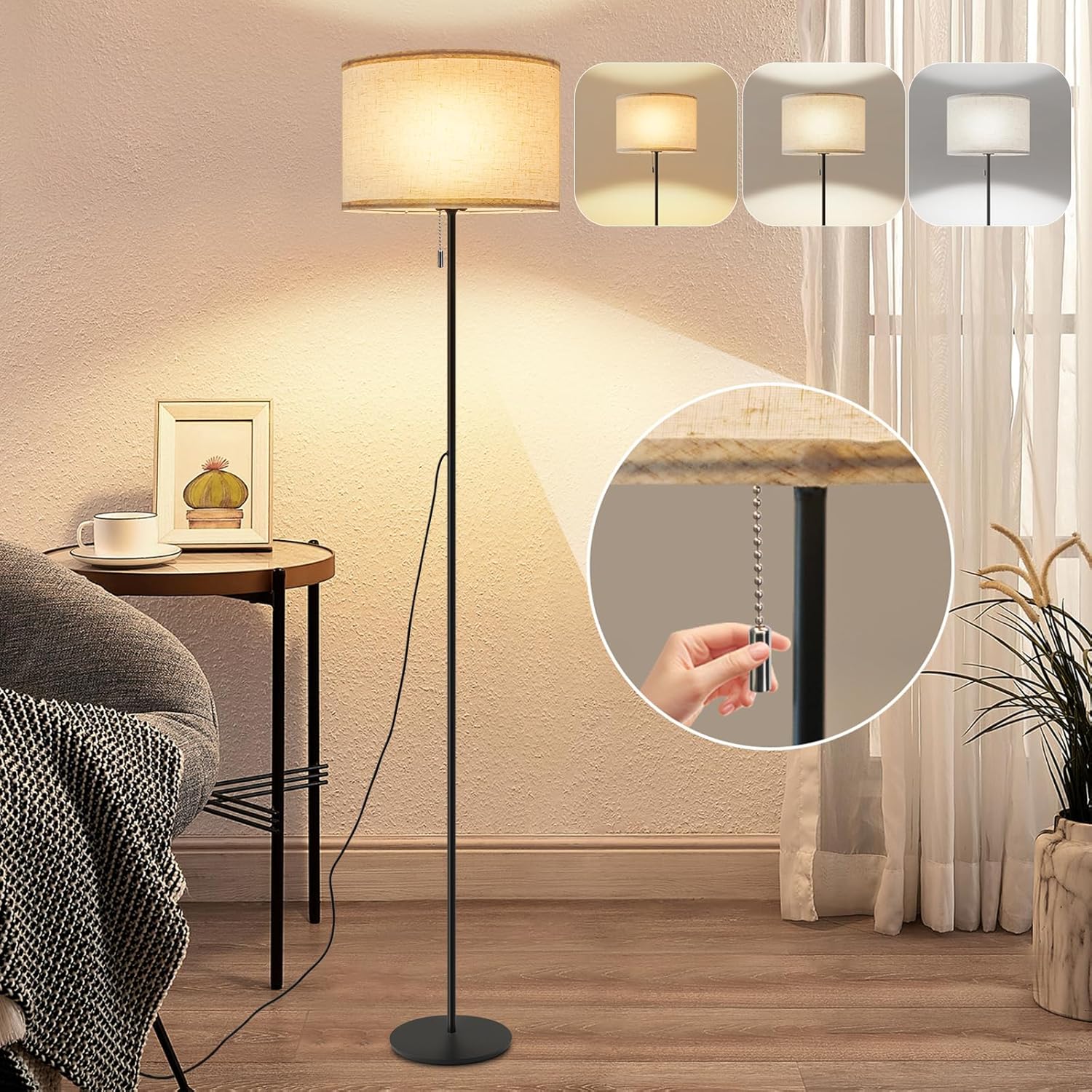 ZMH Lampa podłogowa LED Retro z kloszem z tkaniny ściemniającej do salonu z przełącznikiem kablowym
