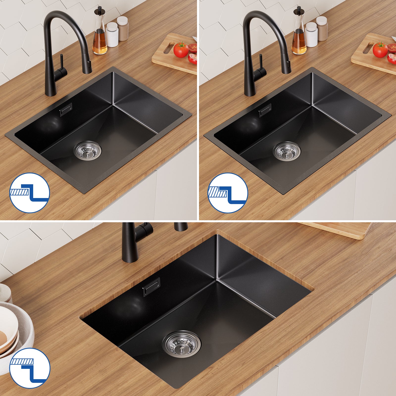 Cecipa MAX Évier 1 Bac 60×44×18CM Évier Cuisine Acier Inoxydable 201 Noir avec Panier de Drainage(3 méthodes d'installation) - 3