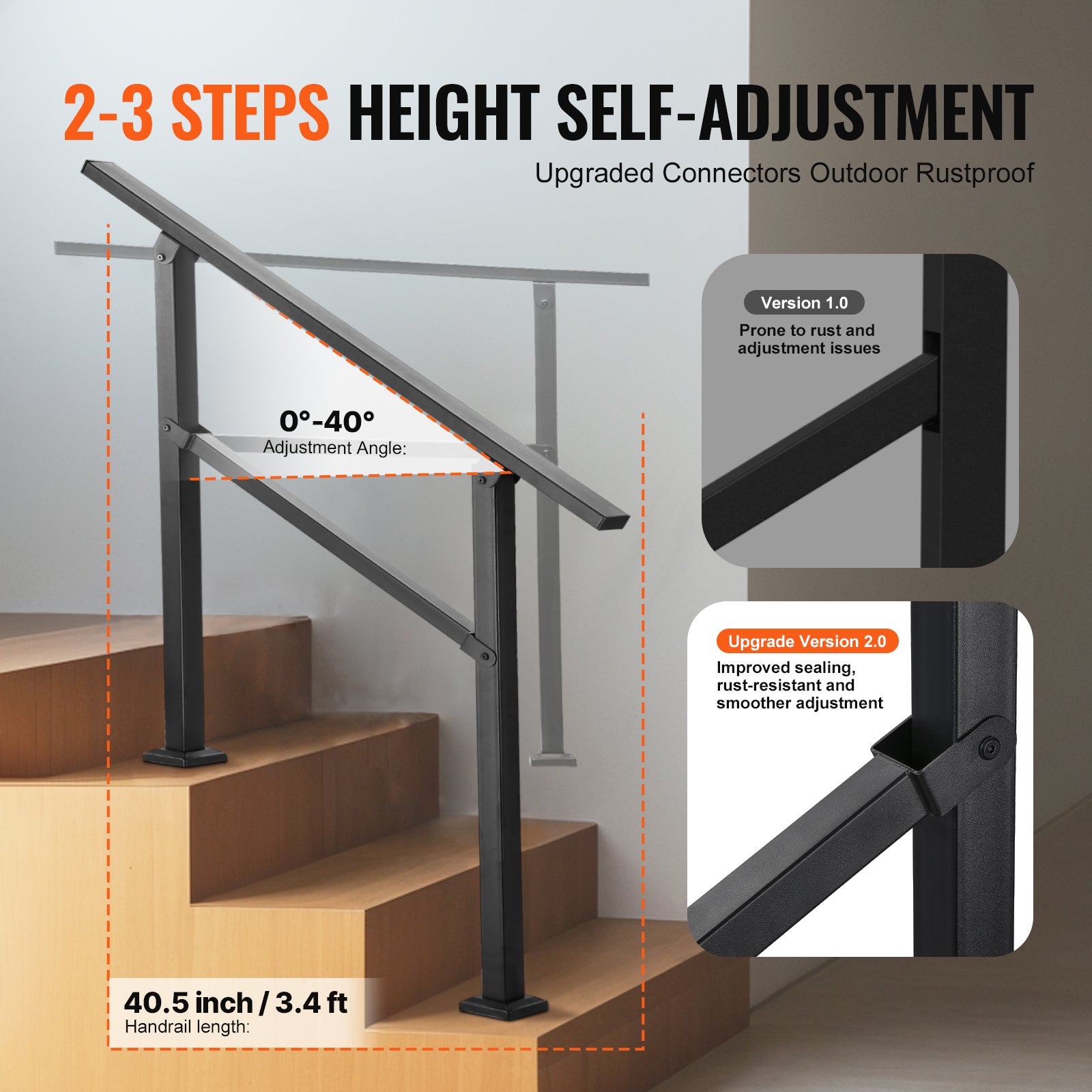 Rampe d'Escalier VEVOR pour 2-3 Marches Extérieures, Tube Carré en Acier au Carbone, pour Personnes Âgées, Marches en Béton, Porche, Terrasse, Noir - 3