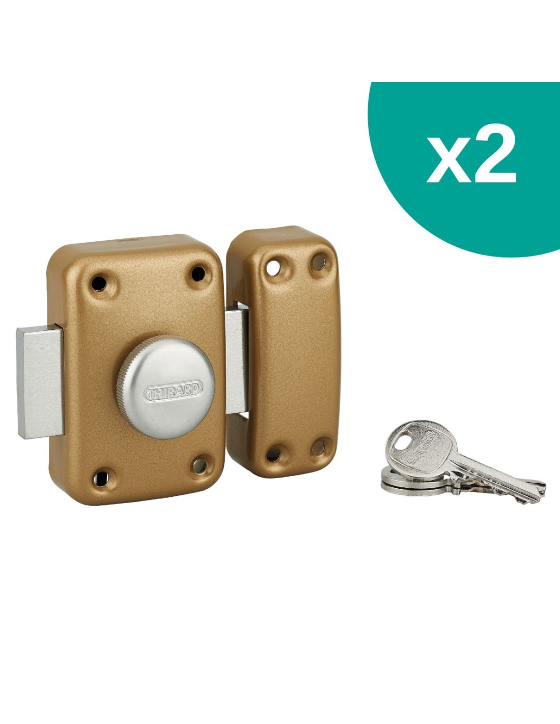 THIRARD - Lot de 2 verrous à bouton Apache pour porte d'entrée, cylindre 45mm, acier, 3 clés/verrou, époxy or - THIRARD - 3