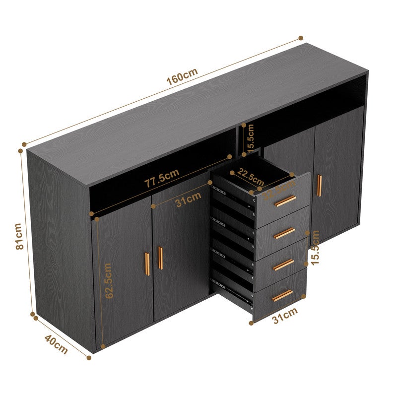 HOMAVO Buffet Moderne avec 4 Tiroirs, 2 Portes et 2 Compartiments Ouverts – Meuble de Rangement - 4